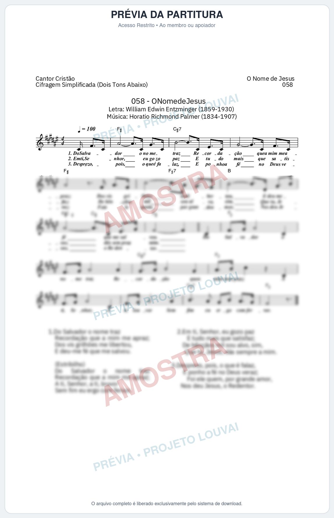 Prévia protegida da primeira página da partitura Partitura da música O Nome de Jesus (Cantor Cristão nº 58) - Cantor Cristão - Tom F#