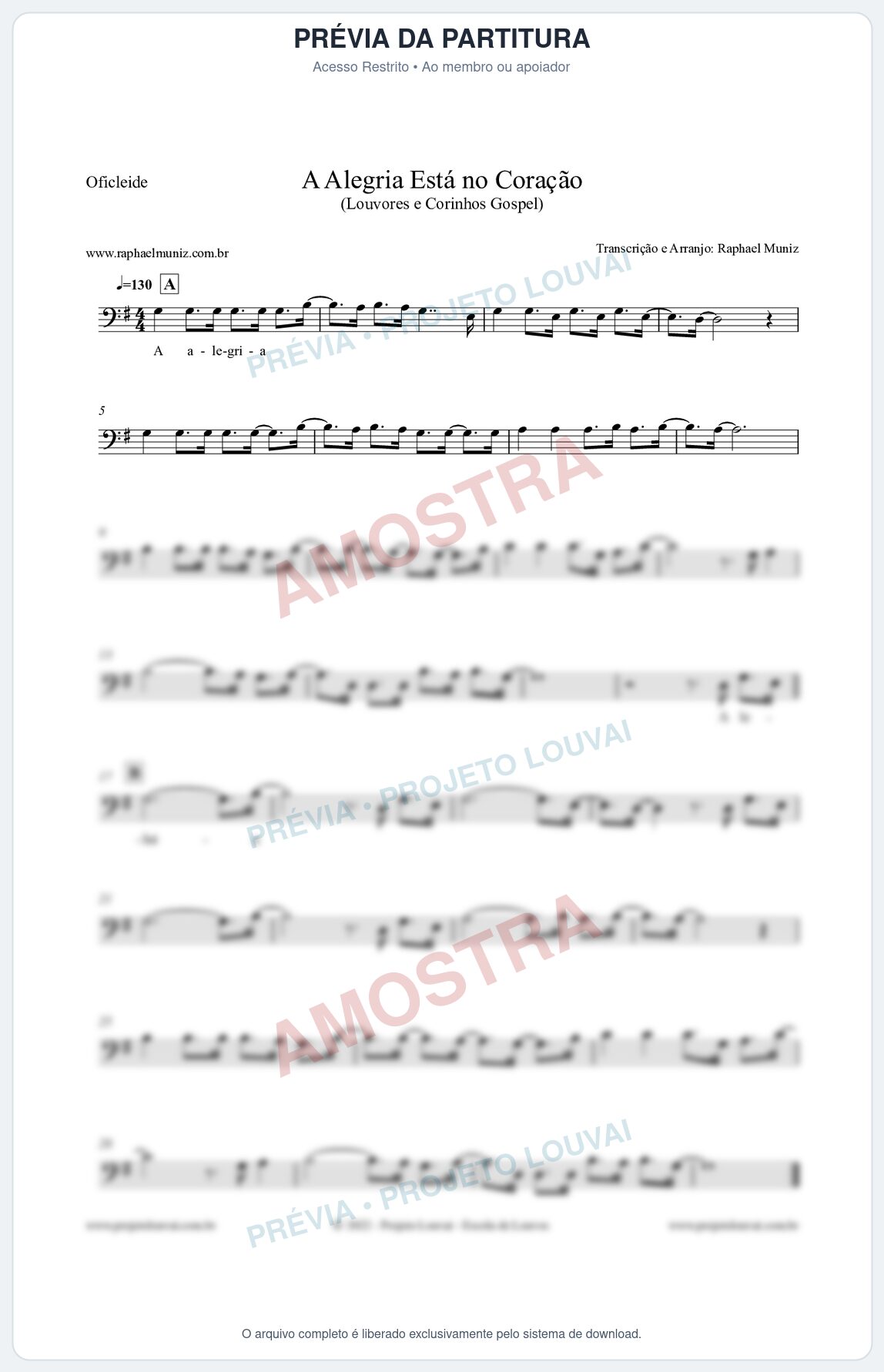 Prévia protegida da primeira página da partitura Partitura para Oficleide - A Alegria Está no Coração (Versão 2) - Louvores e Corinhos Gospel