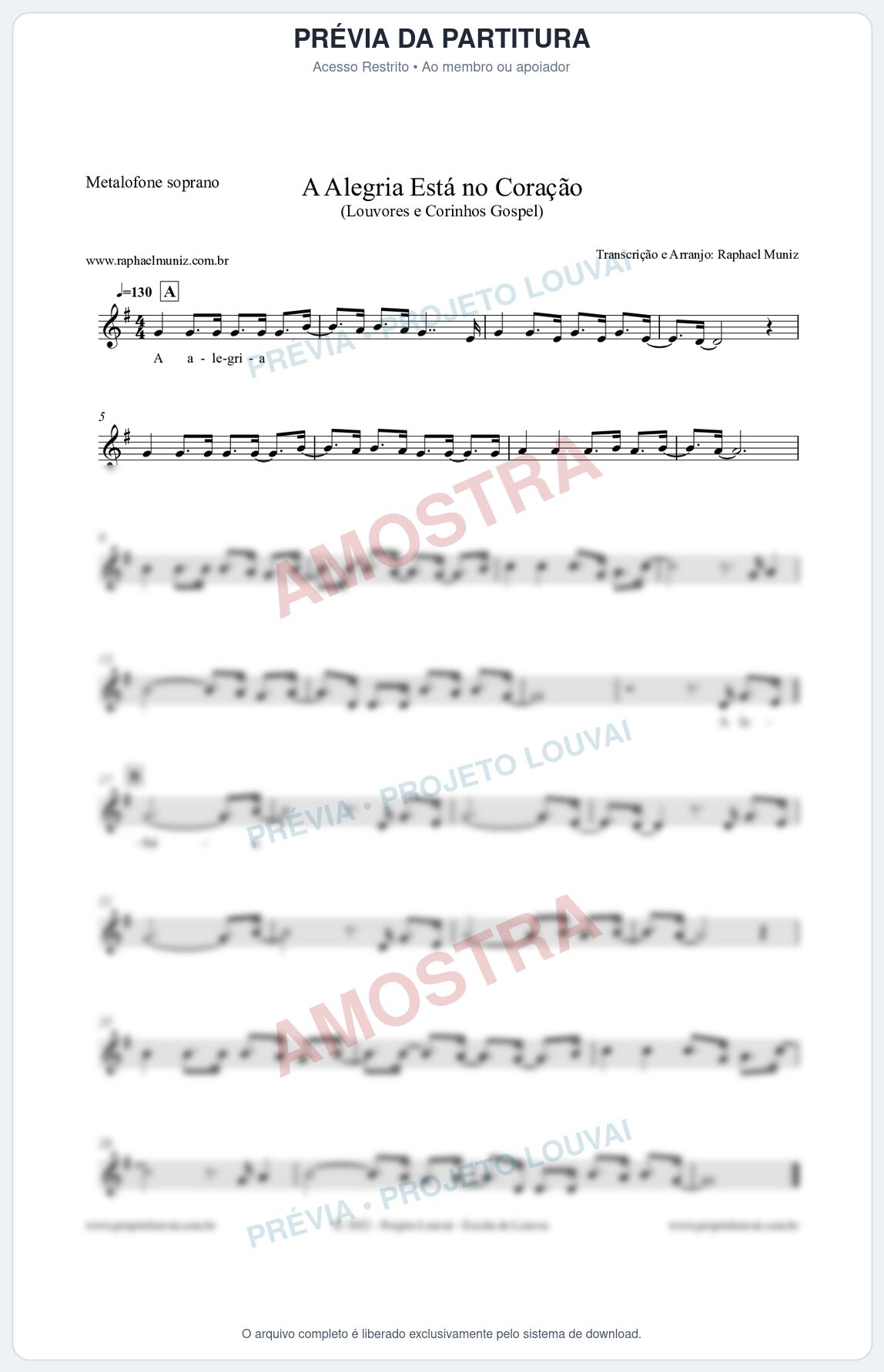 Prévia protegida da primeira página da partitura Partitura para Metalofone soprano - A Alegria Está no Coração (Versão 2) - Louvores e Corinhos Gospel