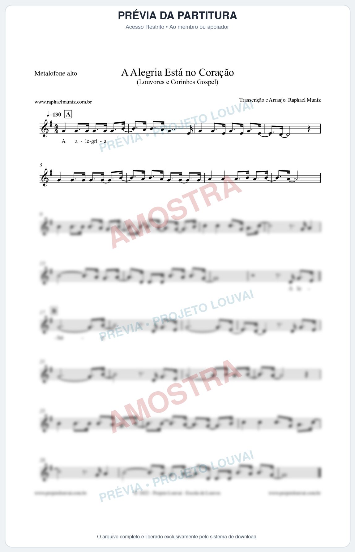 Prévia protegida da primeira página da partitura Partitura para Metalofone alto - A Alegria Está no Coração (Versão 2) - Louvores e Corinhos Gospel