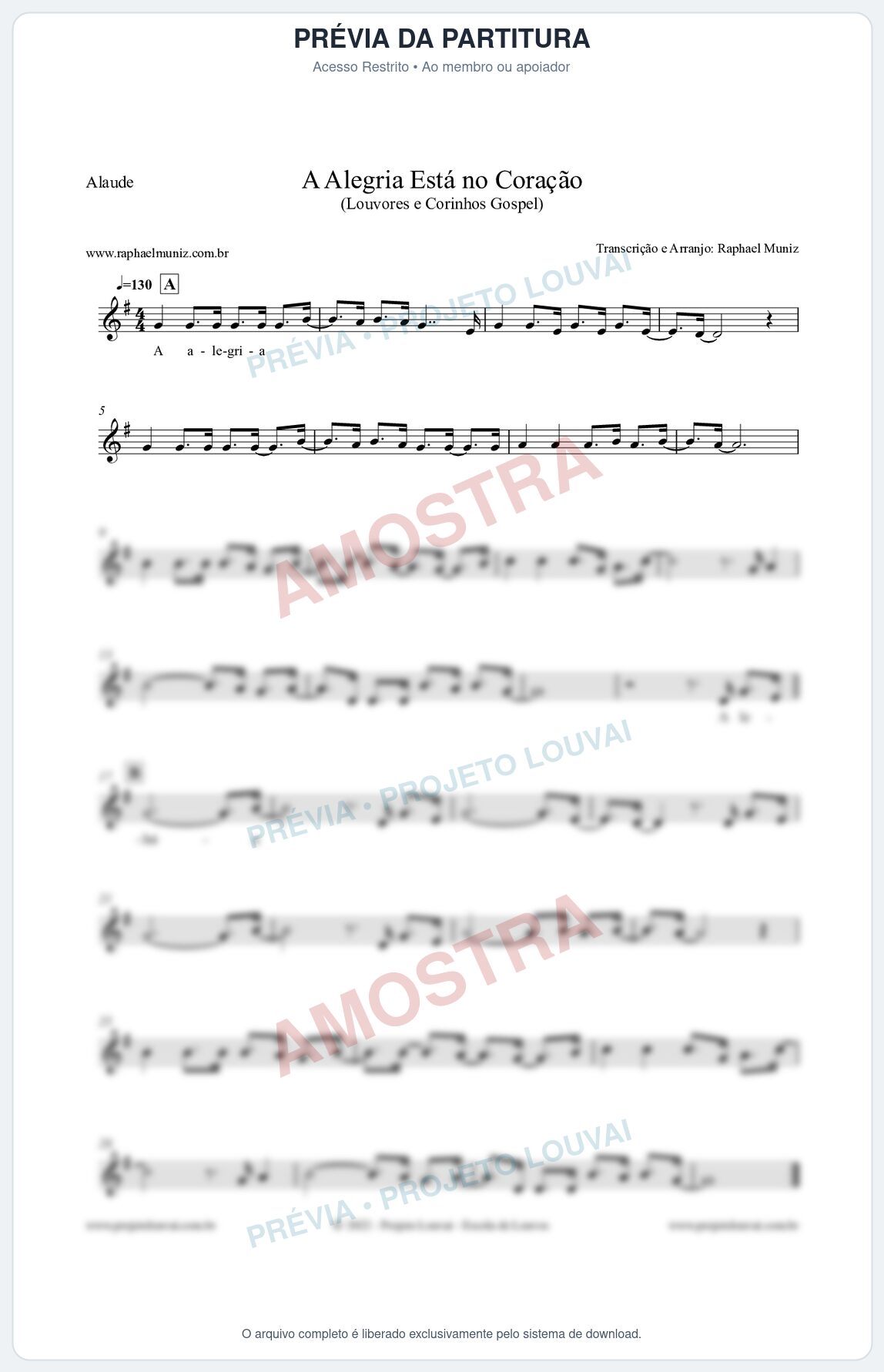 Prévia protegida da primeira página da partitura Partitura para Alaúde - A Alegria Está no Coração (Versão 2) - Louvores e Corinhos Gospel