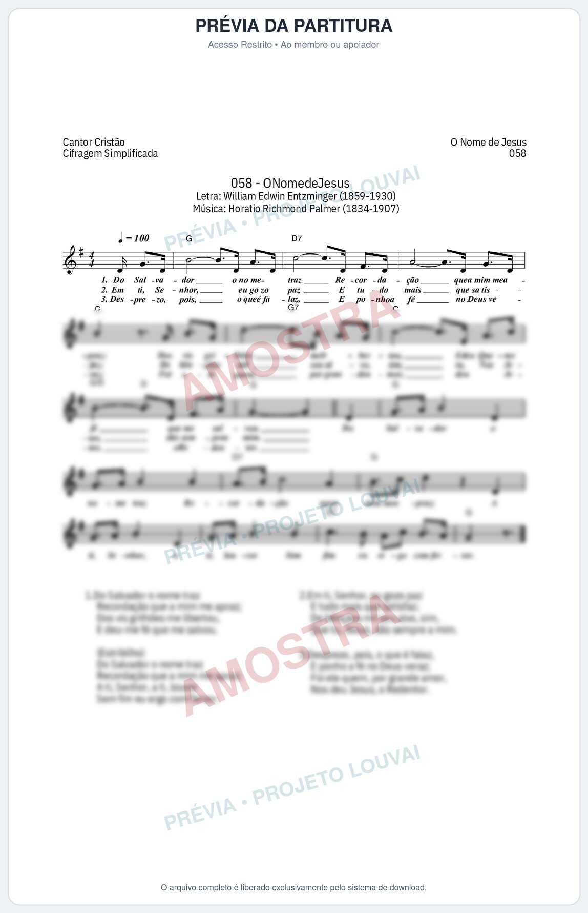 Prévia protegida da primeira página da partitura Partitura da música O Nome de Jesus (Cantor Cristão nº 58) - Cantor Cristão - Tom G