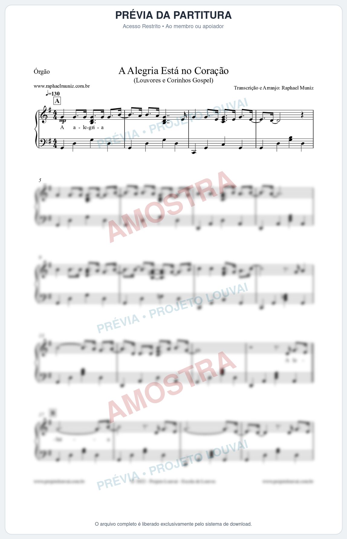 Prévia protegida da primeira página da partitura Partitura para Órgão - A Alegria Está no Coração (Versão 2) - Louvores e Corinhos Gospel