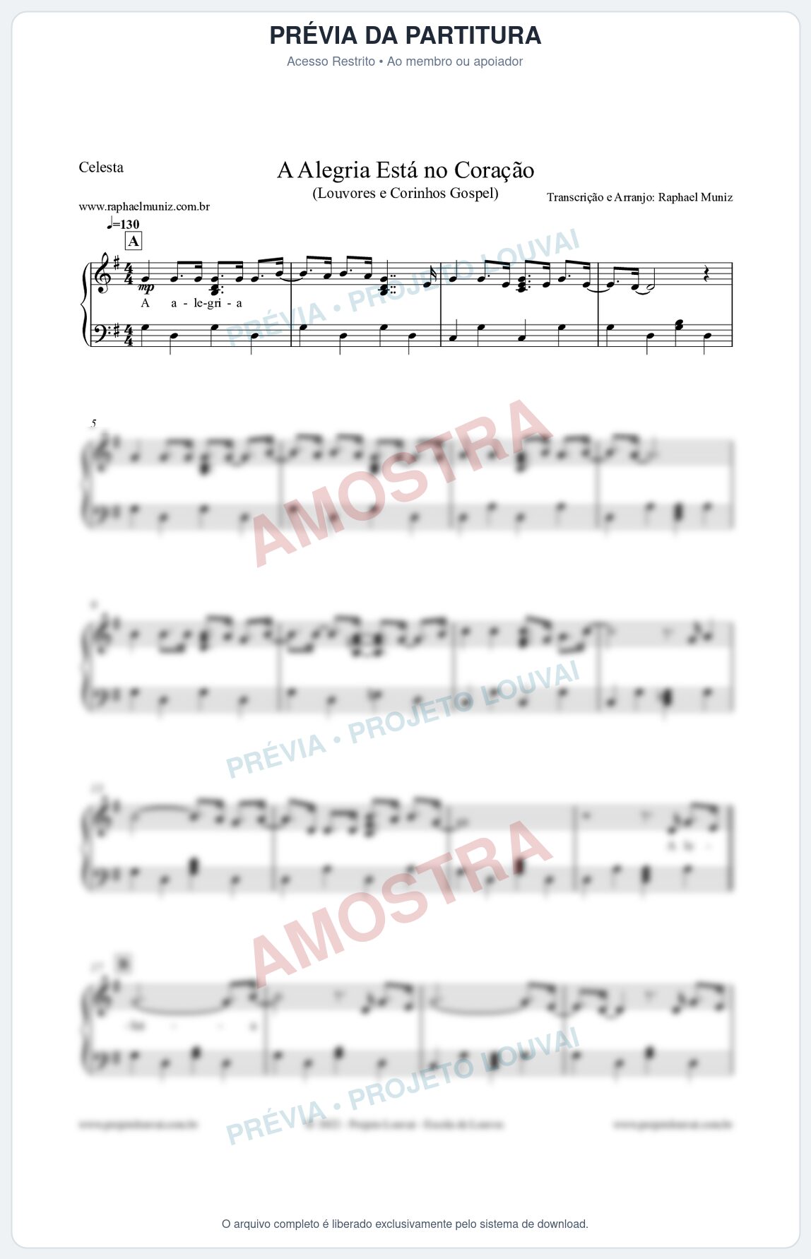 Prévia protegida da primeira página da partitura Partitura para Celesta - A Alegria Está no Coração (Versão 2) - Louvores e Corinhos Gospel