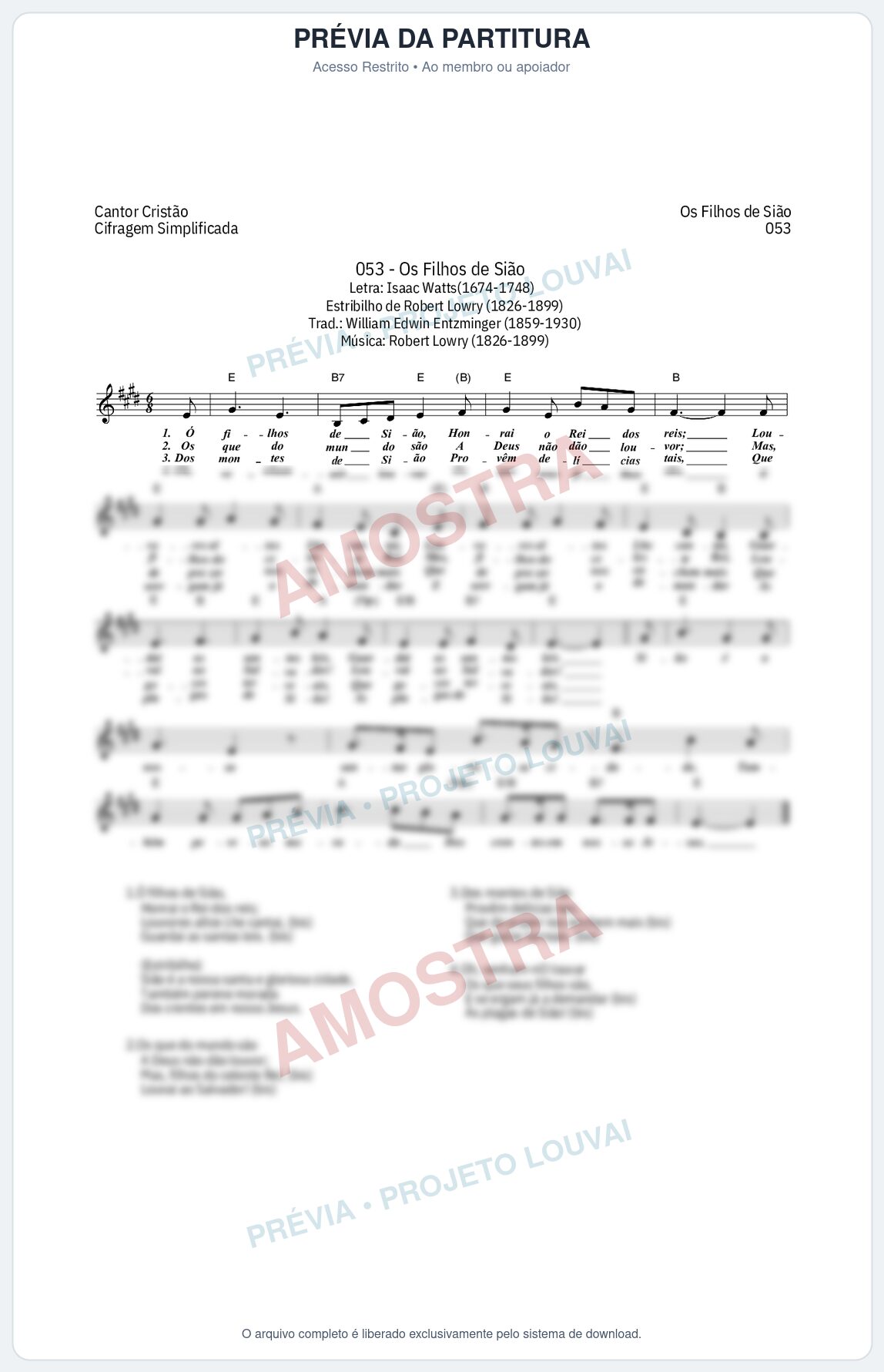 Prévia protegida da primeira página da partitura Partitura da música Os Filhos de Sião (Cantor Cristão nº 53) - Cantor Cristão - Tom E