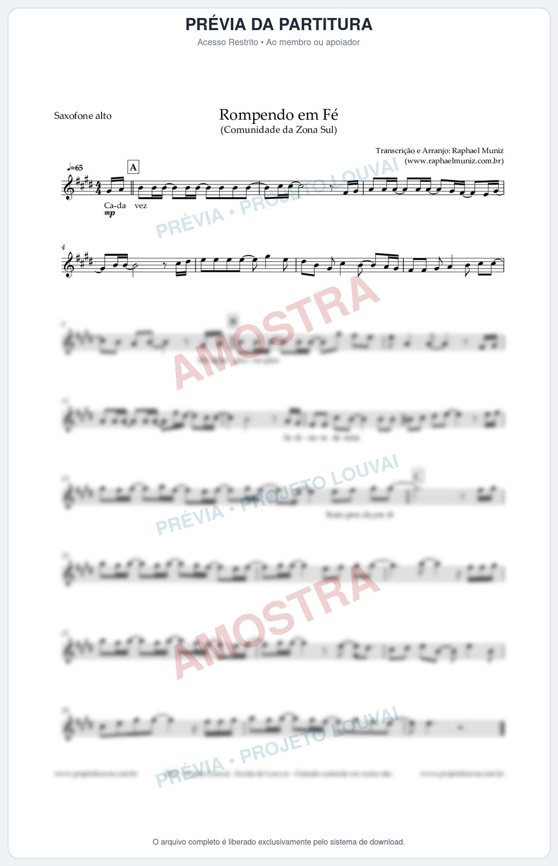 Prévia protegida da primeira página da partitura Partitura para Saxofone Alto - Rompendo em Fé - Comunidade da Zona Sul
