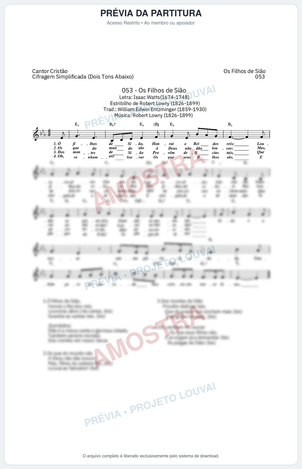 Prévia protegida da primeira página da partitura Partitura da música Os Filhos de Sião (Cantor Cristão nº 53) - Cantor Cristão - Tom Eb