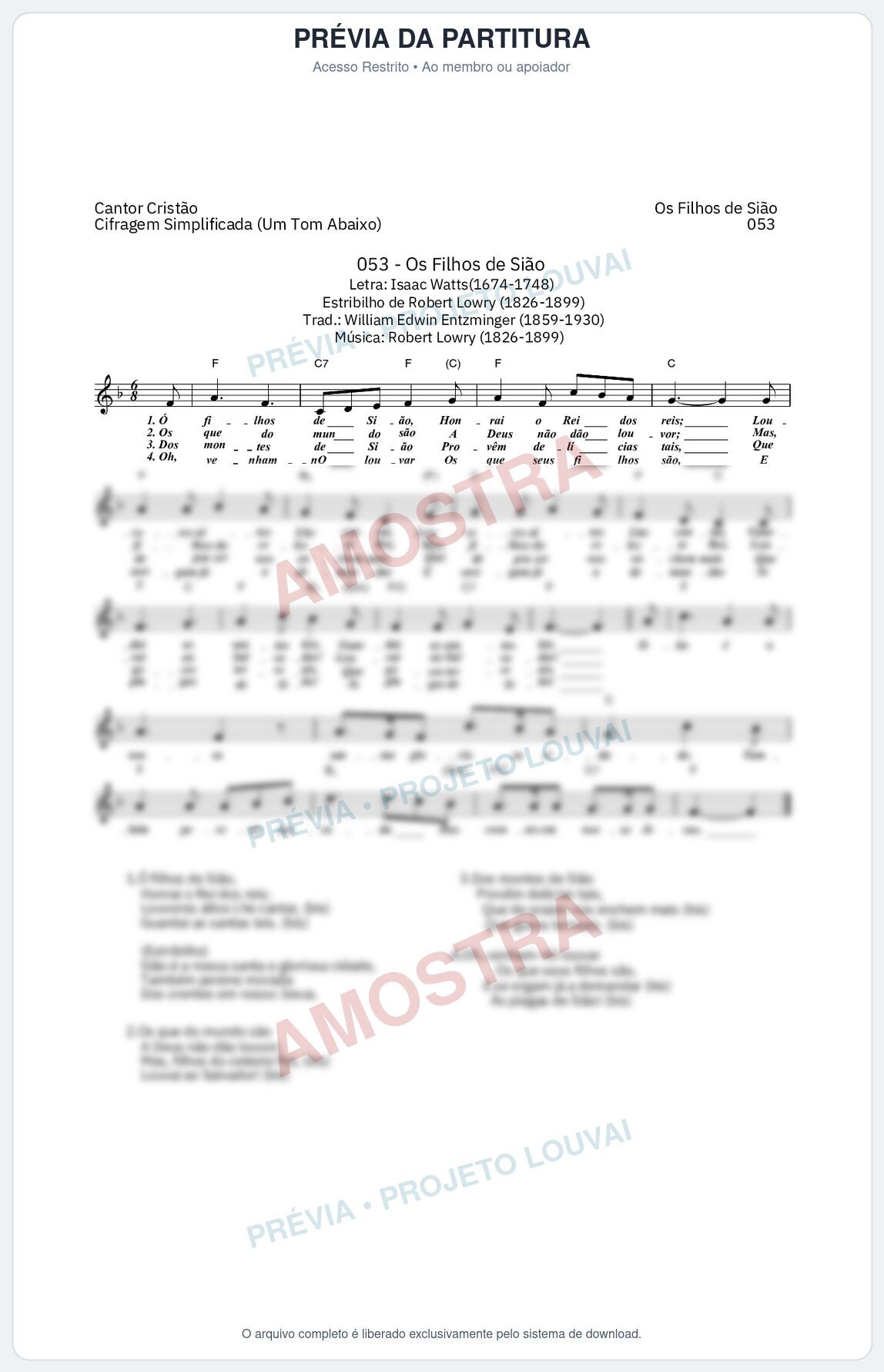 Prévia protegida da primeira página da partitura Partitura da música Os Filhos de Sião (Cantor Cristão nº 53) - Cantor Cristão - Tom F