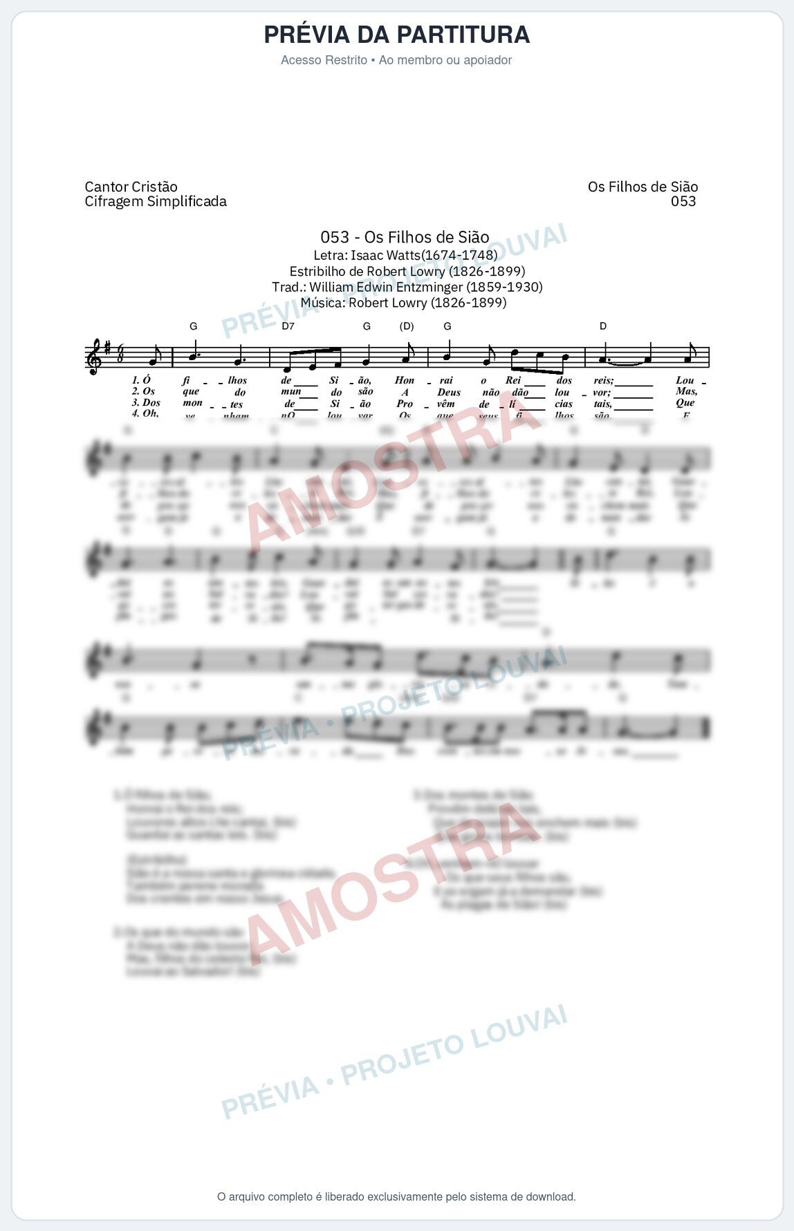Prévia protegida da primeira página da partitura Partitura da música Os Filhos de Sião (Cantor Cristão nº 53) - Cantor Cristão - Tom G