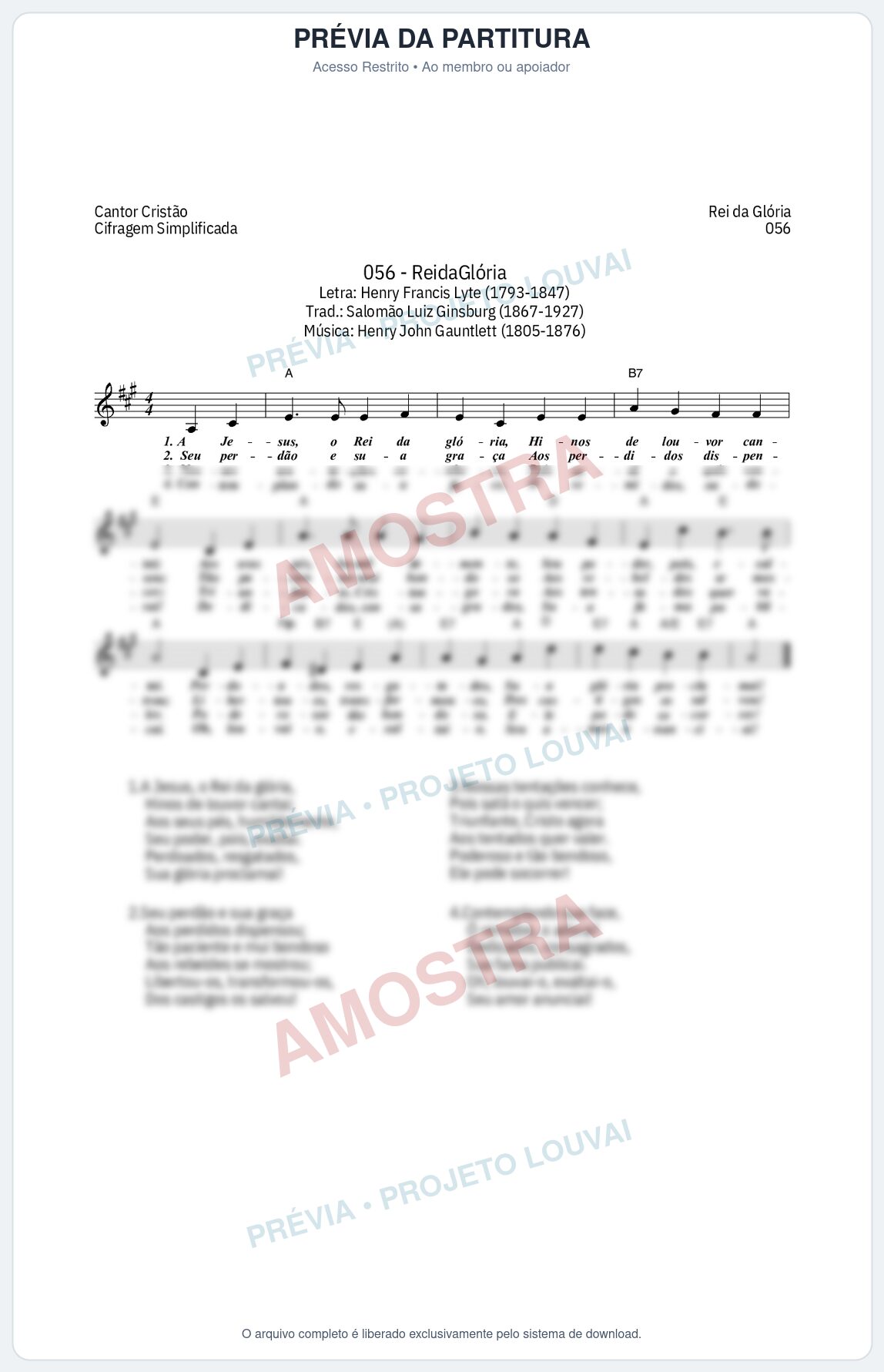 Prévia protegida da primeira página da partitura Partitura da música Rei da Glória (Cantor Cristão nº 56) - Cantor Cristão - Tom A
