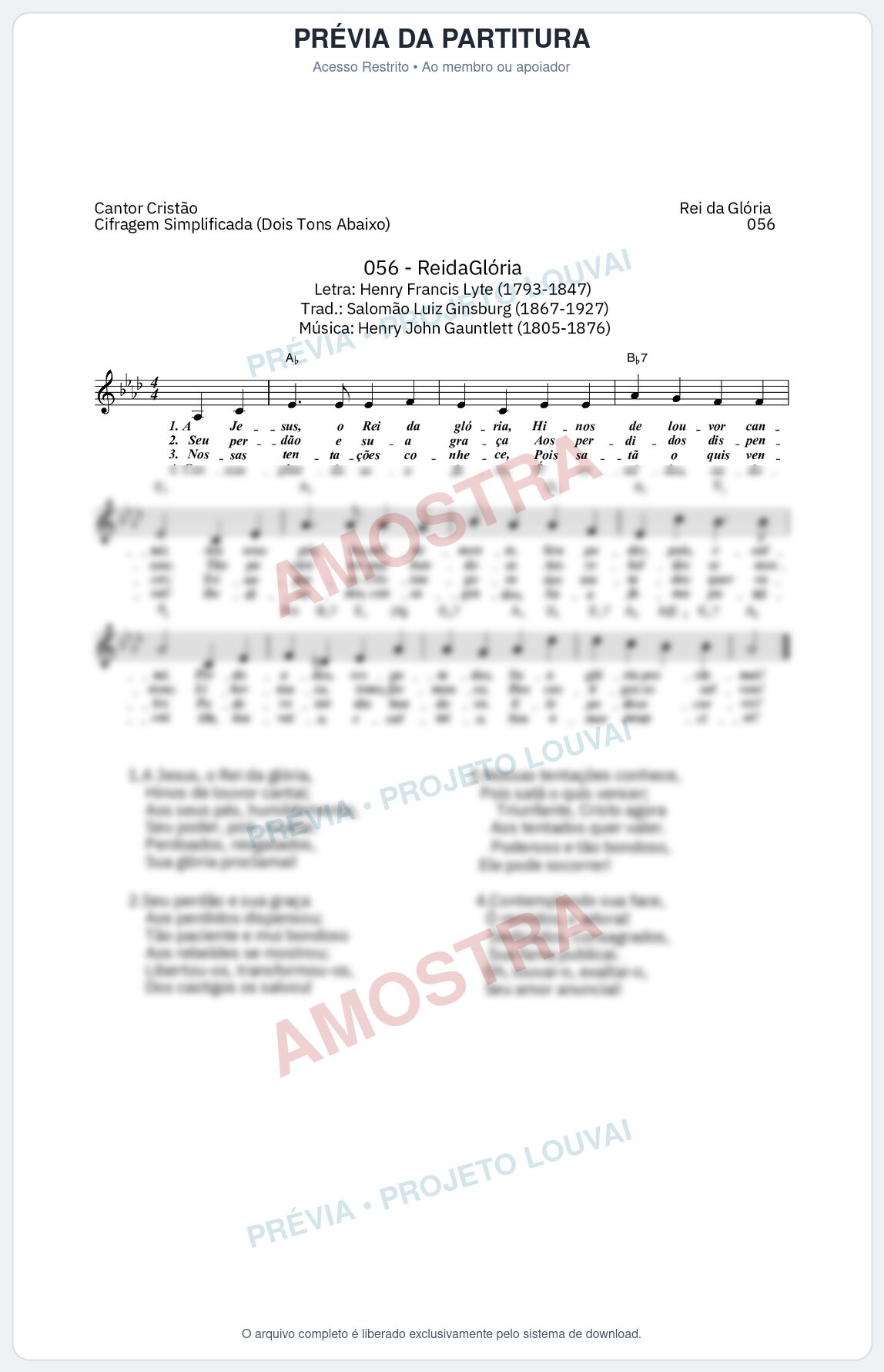Prévia protegida da primeira página da partitura Partitura da música Rei da Glória (Cantor Cristão nº 56) - Cantor Cristão - Tom Ab