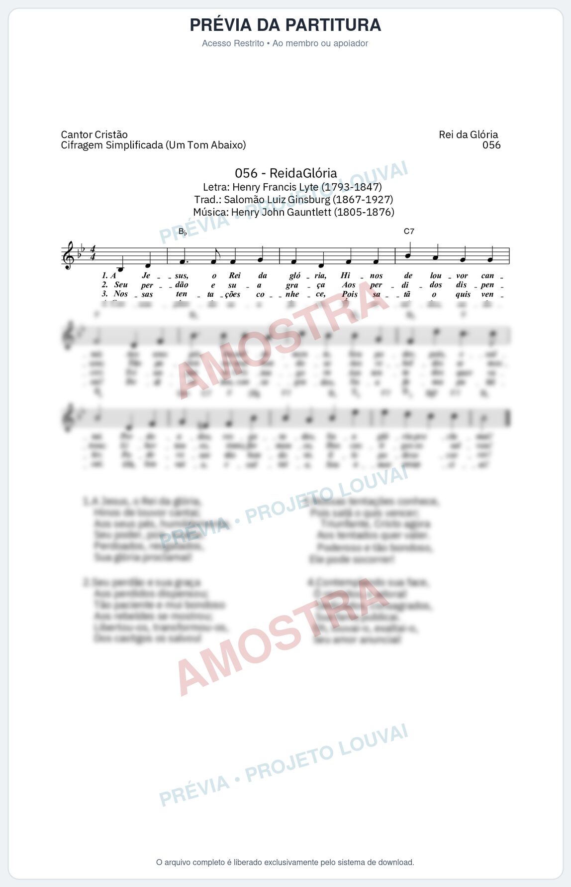 Prévia protegida da primeira página da partitura Partitura da música Rei da Glória (Cantor Cristão nº 56) - Cantor Cristão - Tom Bb