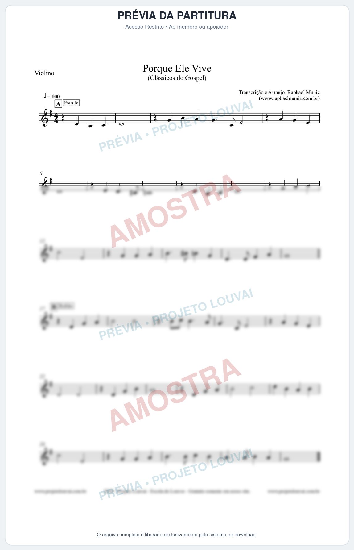 Prévia protegida da primeira página da partitura Partitura para Violino - Porque Ele Vive - Harpa Cristã nº 545 - Clássicos do Gospel