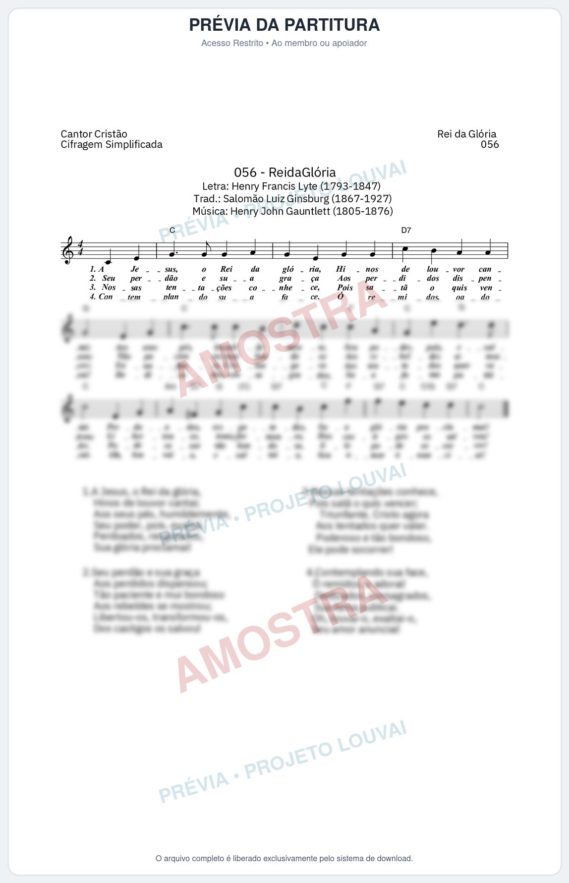 Prévia protegida da primeira página da partitura Partitura da música Rei da Glória (Cantor Cristão nº 56) - Cantor Cristão - Tom C