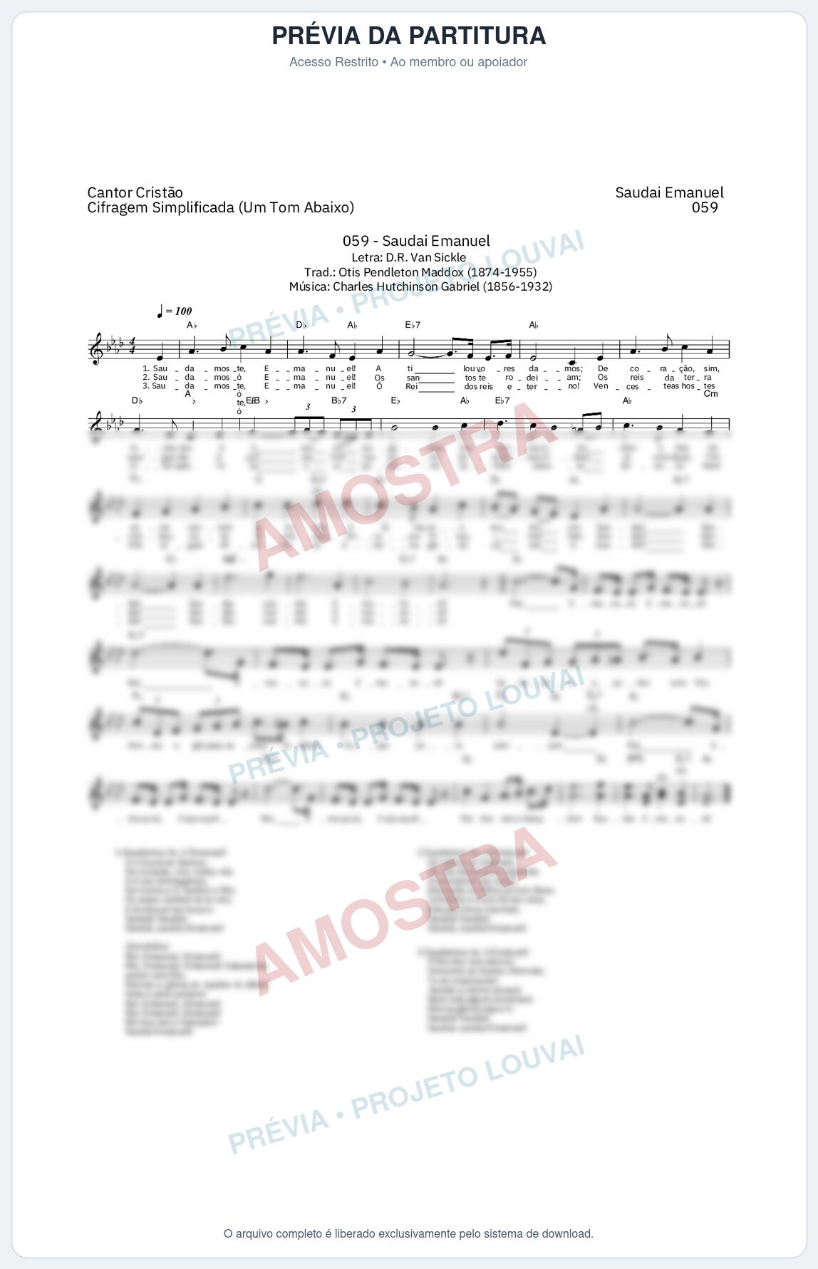 Prévia protegida da primeira página da partitura Partitura da música Saudai Emanuel (Cantor Cristão nº 59) - Cantor Cristão - Tom Ab
