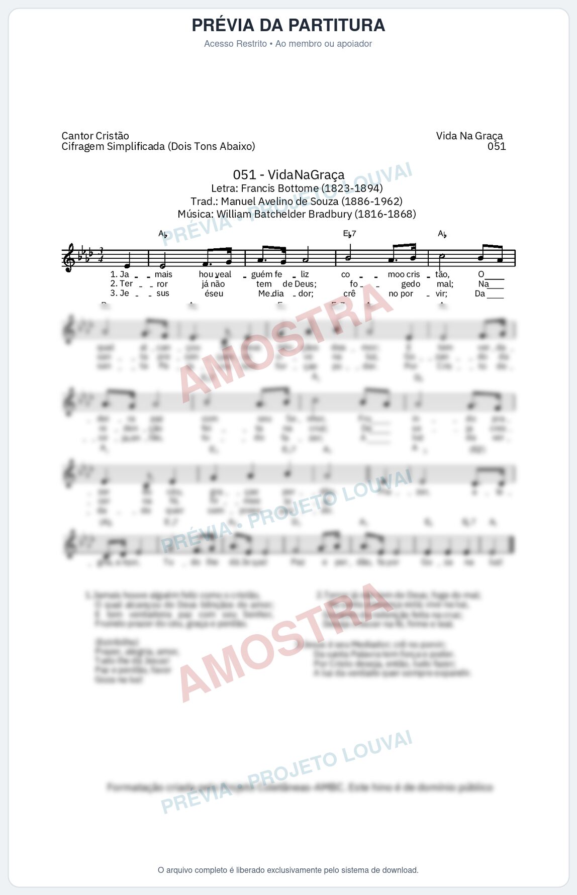 Prévia protegida da primeira página da partitura Partitura da música Vida na Graça (Cantor Cristão nº51) - Cantor Cristão - Tom Ab