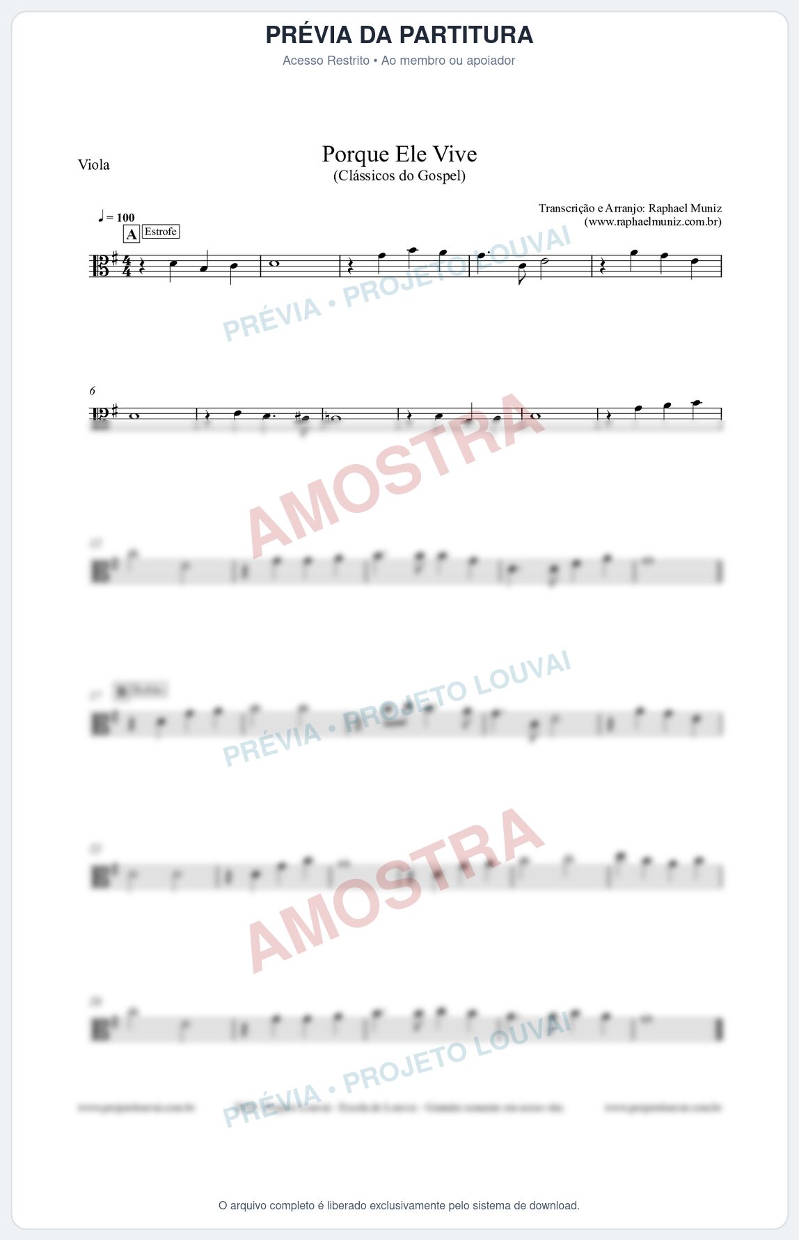 Prévia protegida da primeira página da partitura Partitura para Viola - Porque Ele Vive - Harpa Cristã nº 545 - Clássicos do Gospel