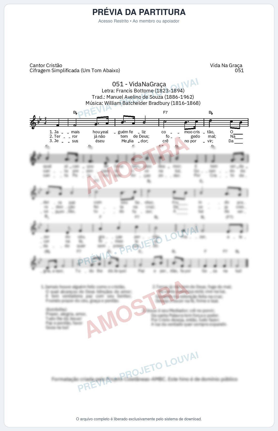 Prévia protegida da primeira página da partitura Partitura da música Vida na Graça (Cantor Cristão nº51) - Cantor Cristão - Tom Bb