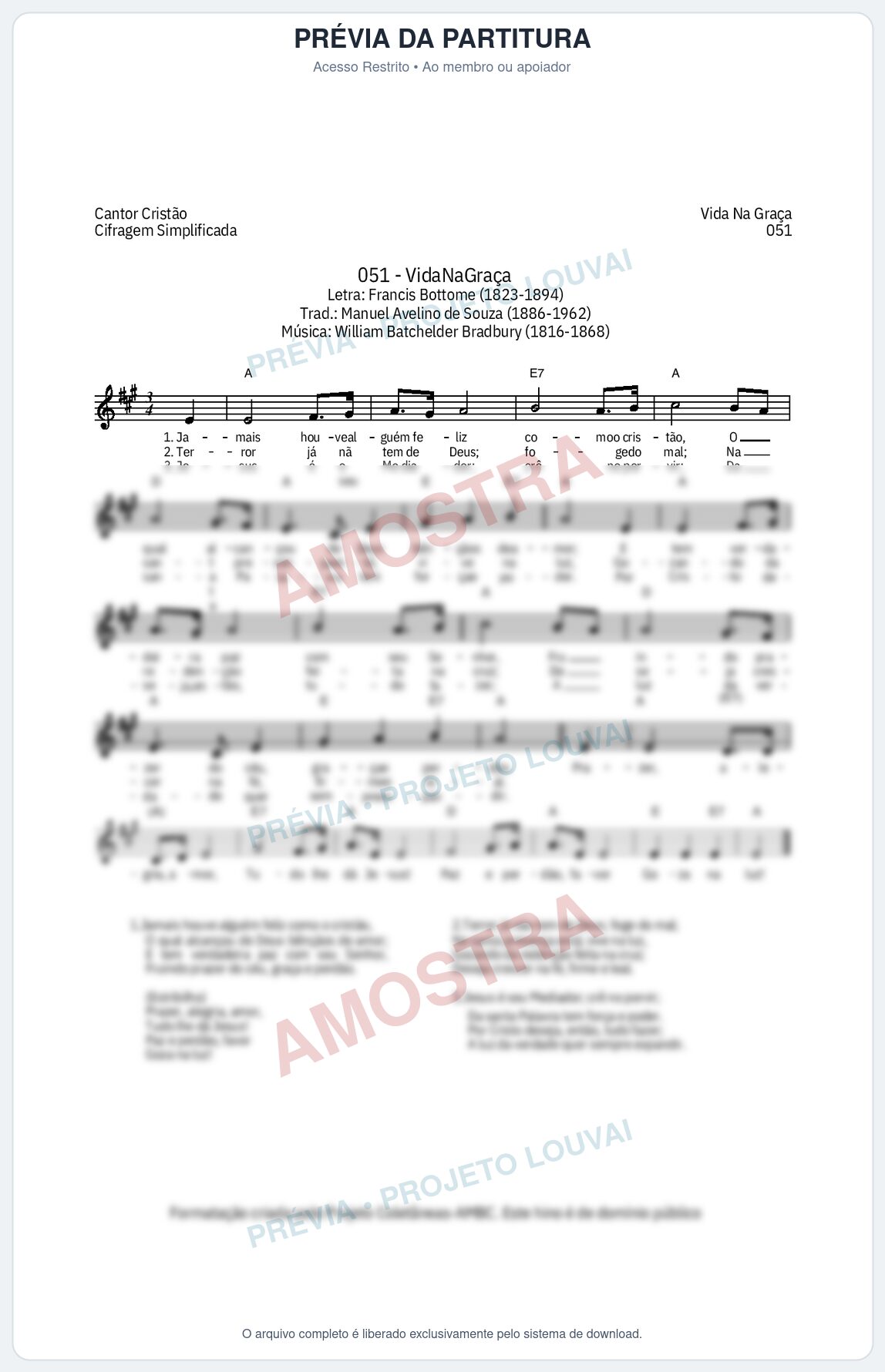 Prévia protegida da primeira página da partitura Partitura da música Vida na Graça (Cantor Cristão nº51) - Cantor Cristão - Tom A