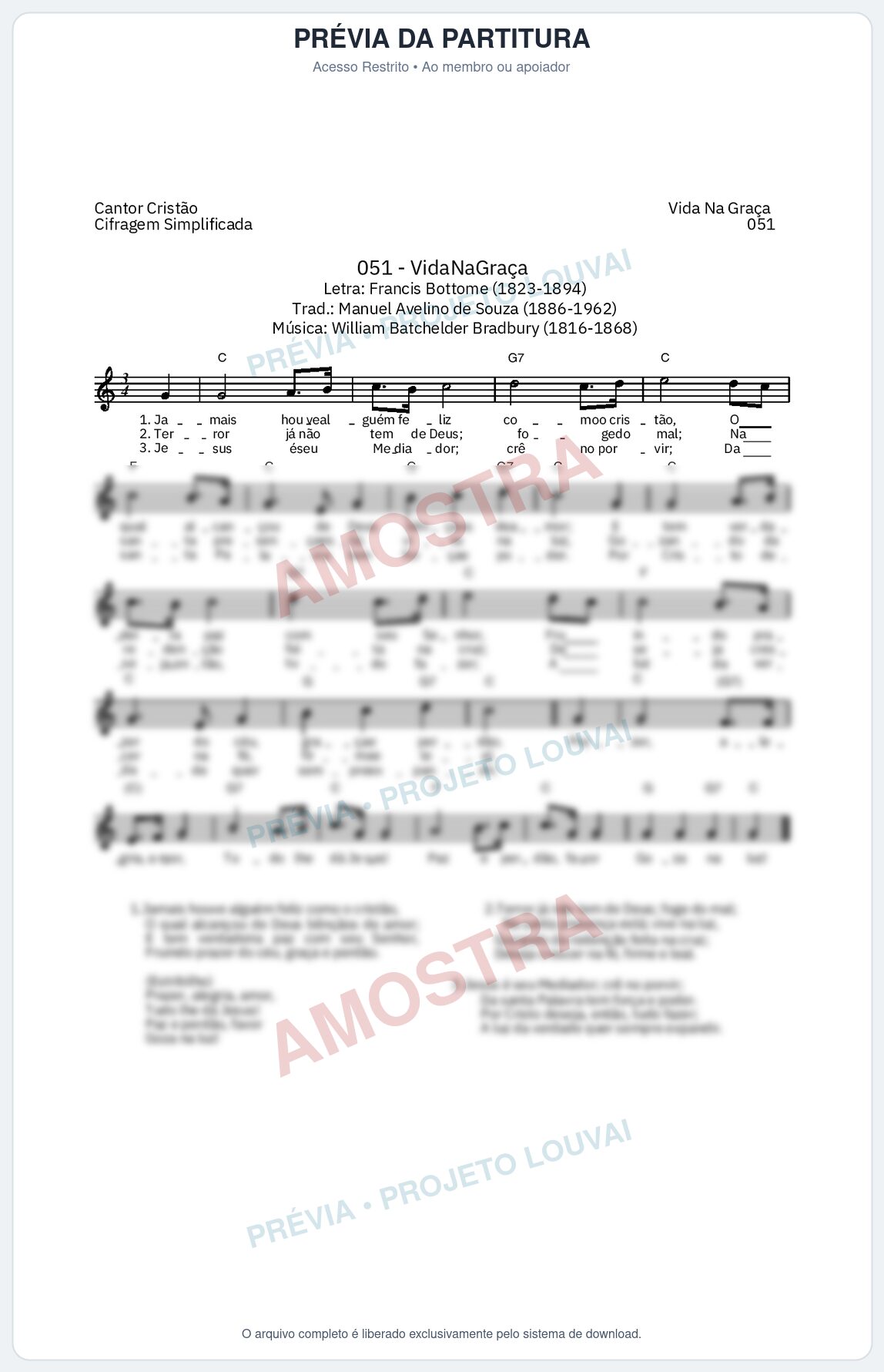 Prévia protegida da primeira página da partitura Partitura da música Vida na Graça (Cantor Cristão nº51) - Cantor Cristão - Tom C