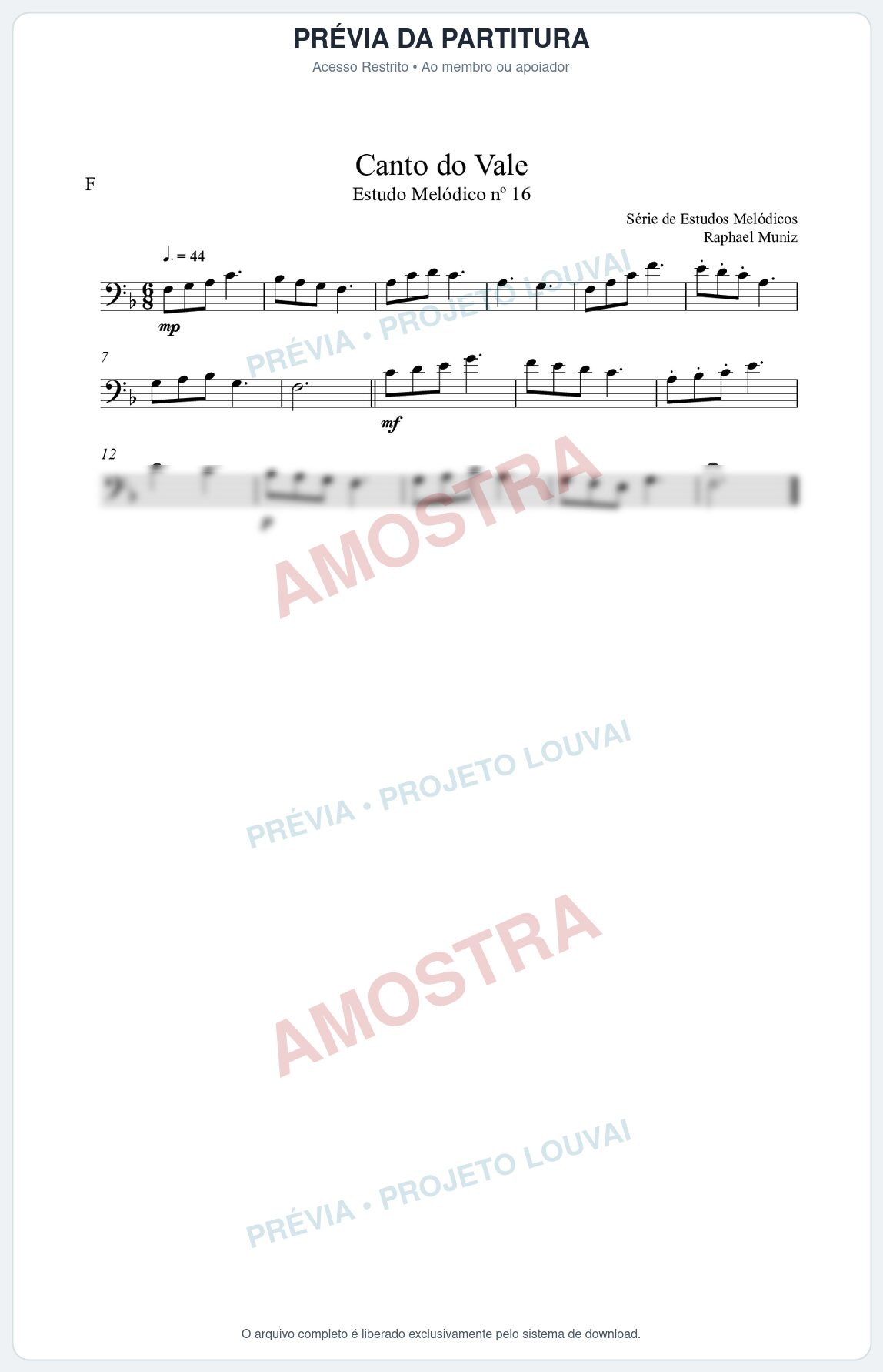 Prévia protegida da primeira página da partitura Partitura da música Canto do Vale (n°16) - Estudo Melódico - Tom F