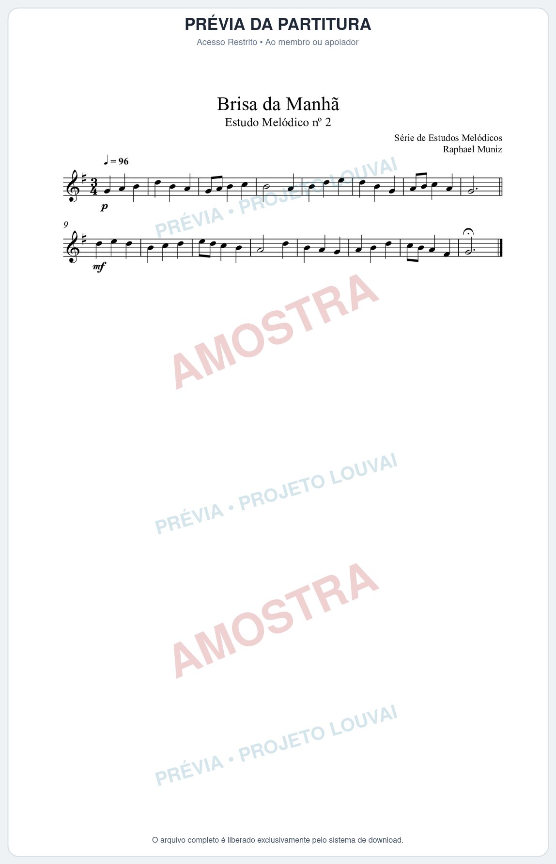 Prévia protegida da primeira página da partitura Partitura da música Brisa da Manhã (n°2) - Estudo Melódico - Tom G