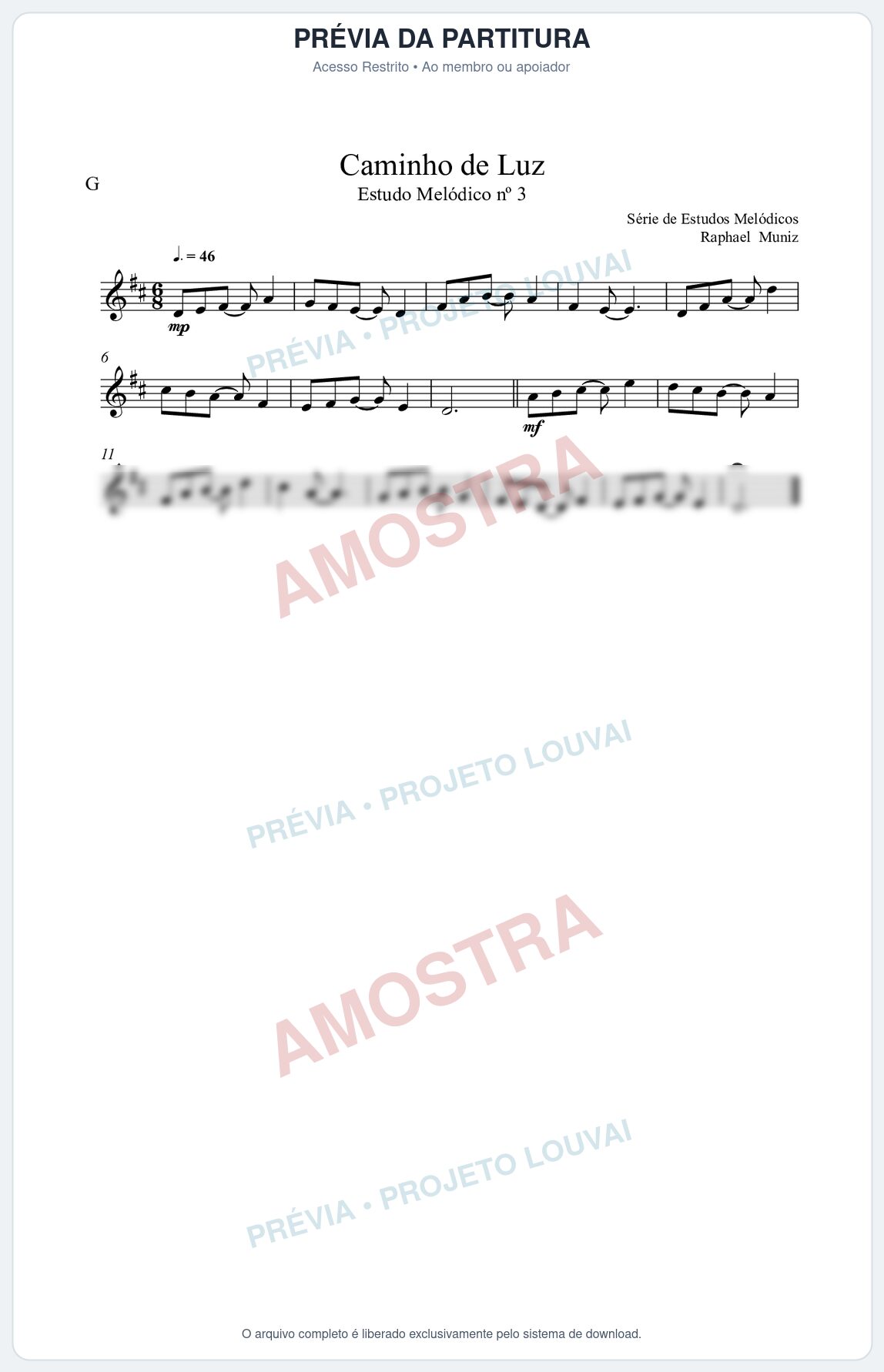 Prévia protegida da primeira página da partitura Partitura da música Caminho de Luz (n°3) - Estudo Melódico - Tom D