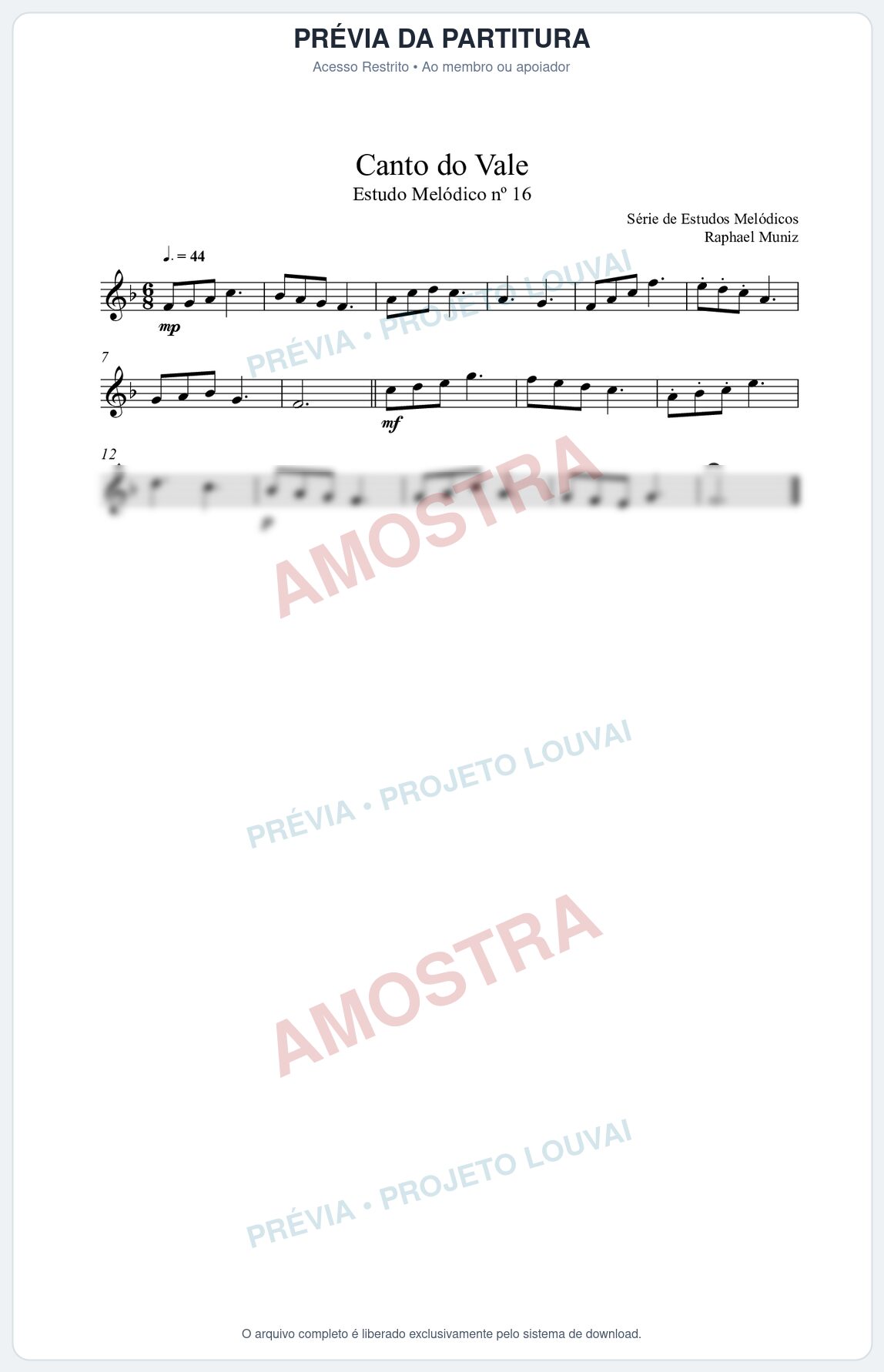 Prévia protegida da primeira página da partitura Partitura da música Canto do Vale (n°16) - Estudo Melódico - Tom F