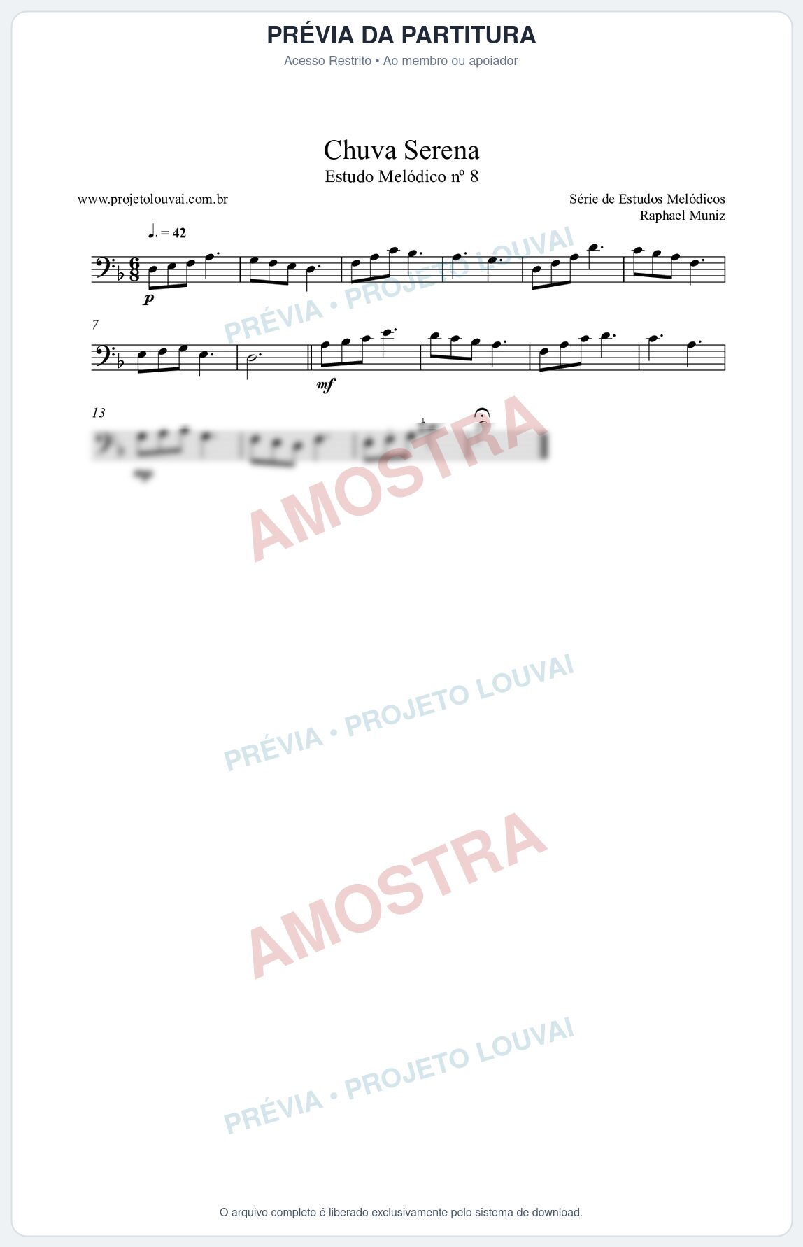 Prévia protegida da primeira página da partitura Partitura da música Chuva Serena (n°8) - Estudo Melódico - Tom Dm