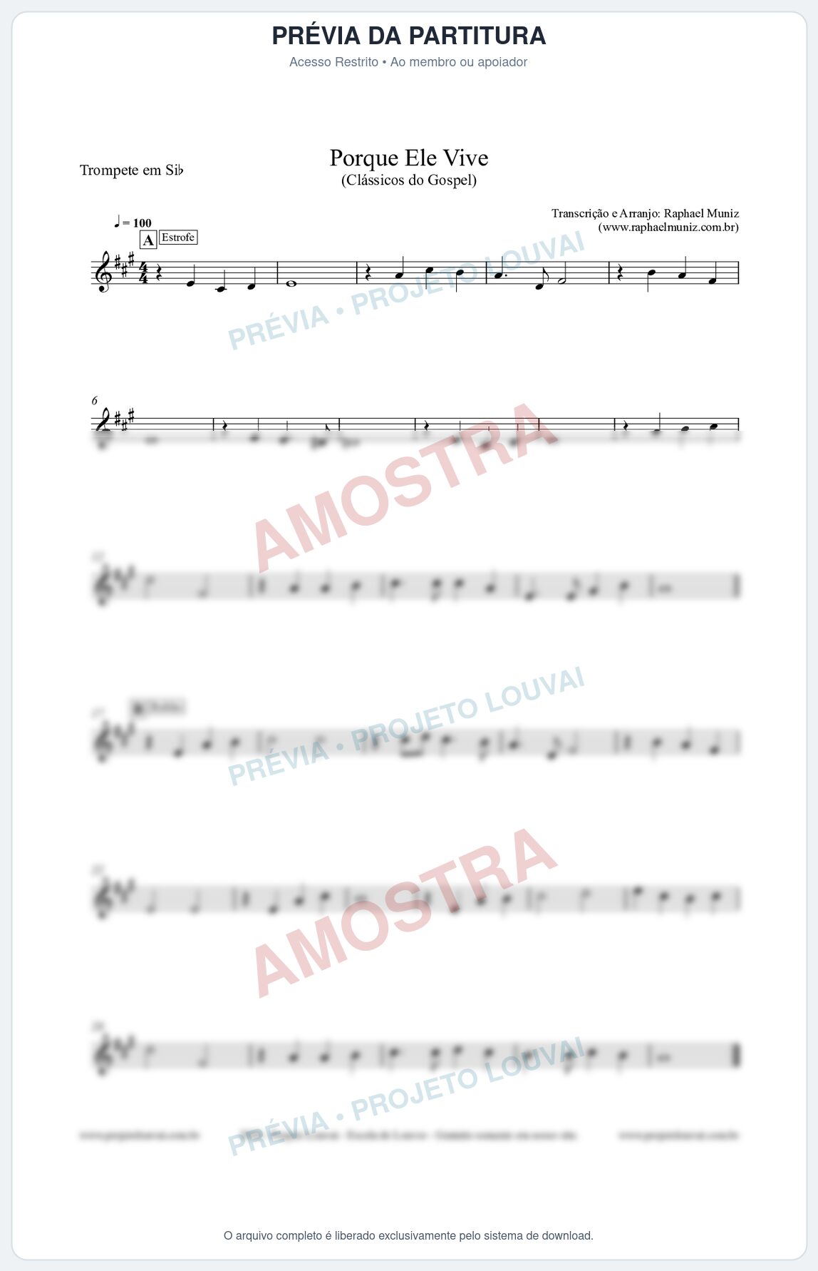 Prévia protegida da primeira página da partitura Partitura para Trompete em Bb - Porque Ele Vive - Harpa Cristã nº 545 - Clássicos do Gospel