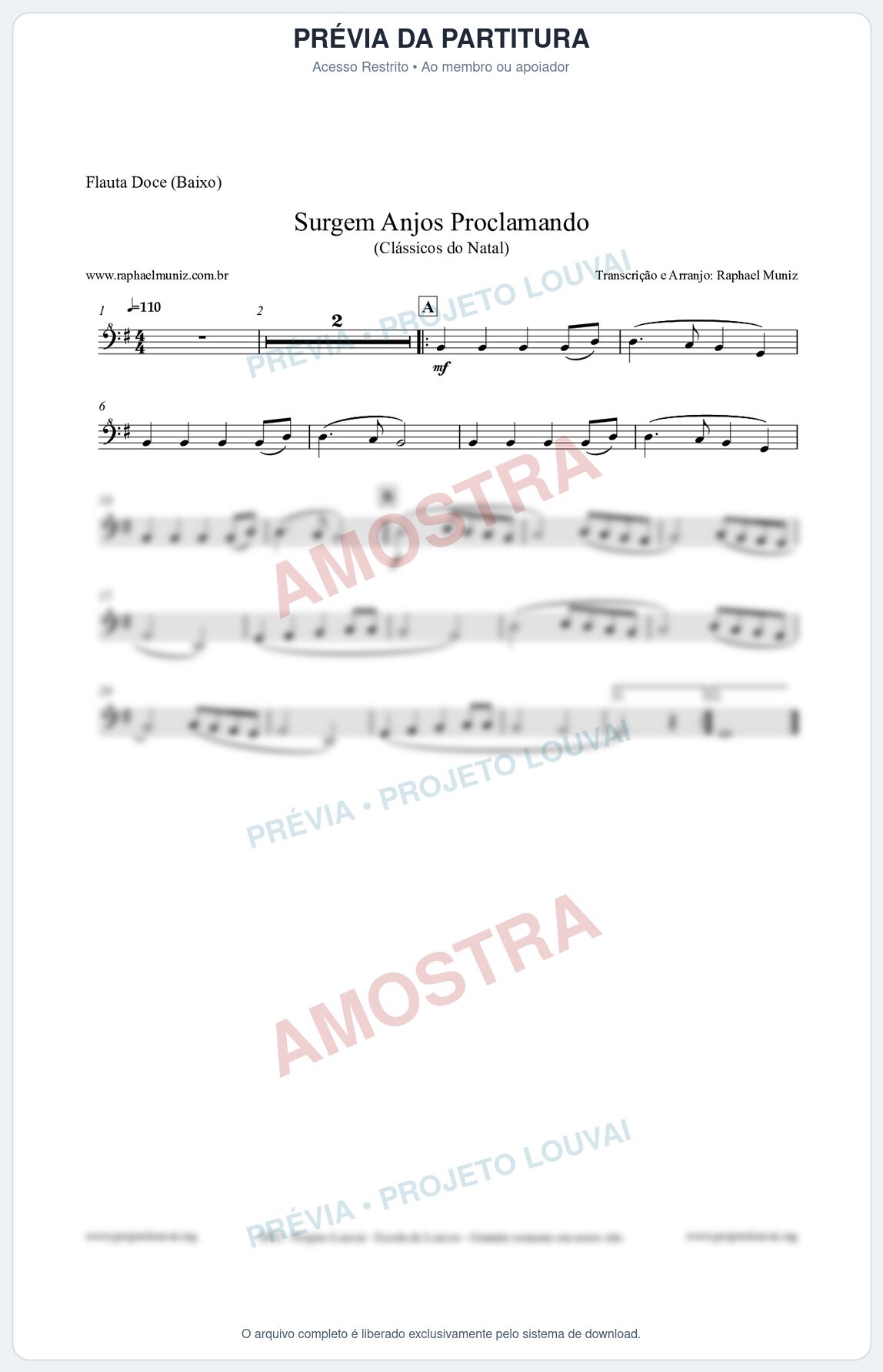 Prévia protegida da primeira página da partitura Partitura para Flauta Doce (Baixo) - Surgem Anjos Proclamando (Glory) - Músicas de Natal