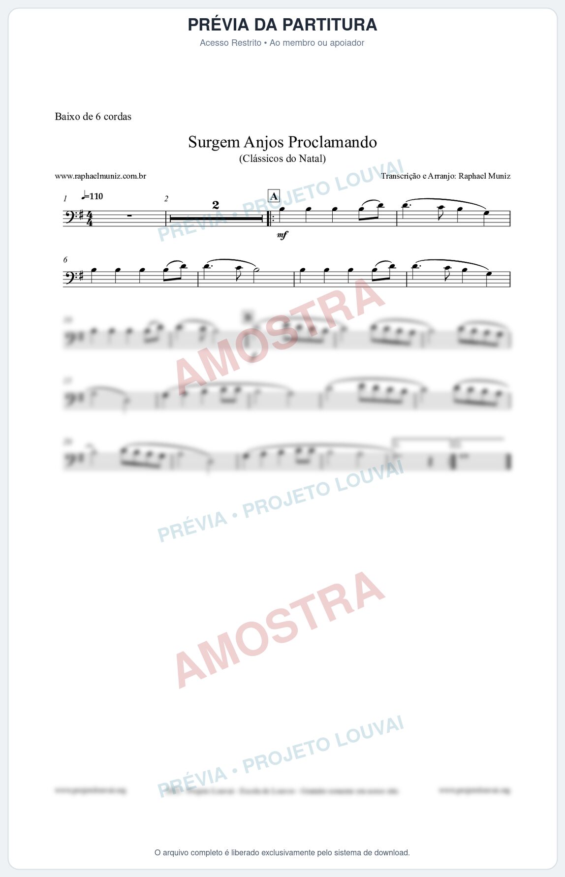 Prévia protegida da primeira página da partitura Partitura para Baixo de 6 cordas - Surgem Anjos Proclamando (Glory) - Músicas de Natal