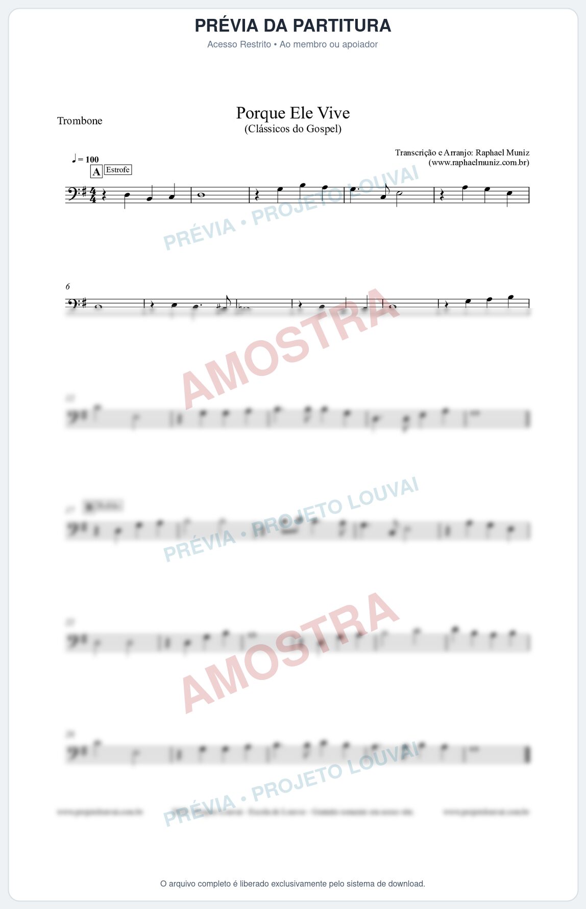 Prévia protegida da primeira página da partitura Partitura para Trombone - Porque Ele Vive - Harpa Cristã nº 545 - Clássicos do Gospel