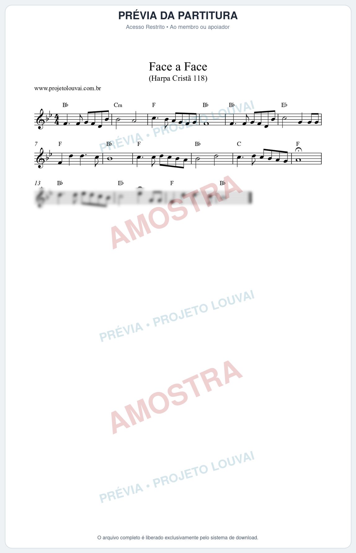 Prévia protegida da primeira página da partitura Partitura da música Face a Face (Harpa Cristã nº118) - Harpa Cristã - Tom Bb