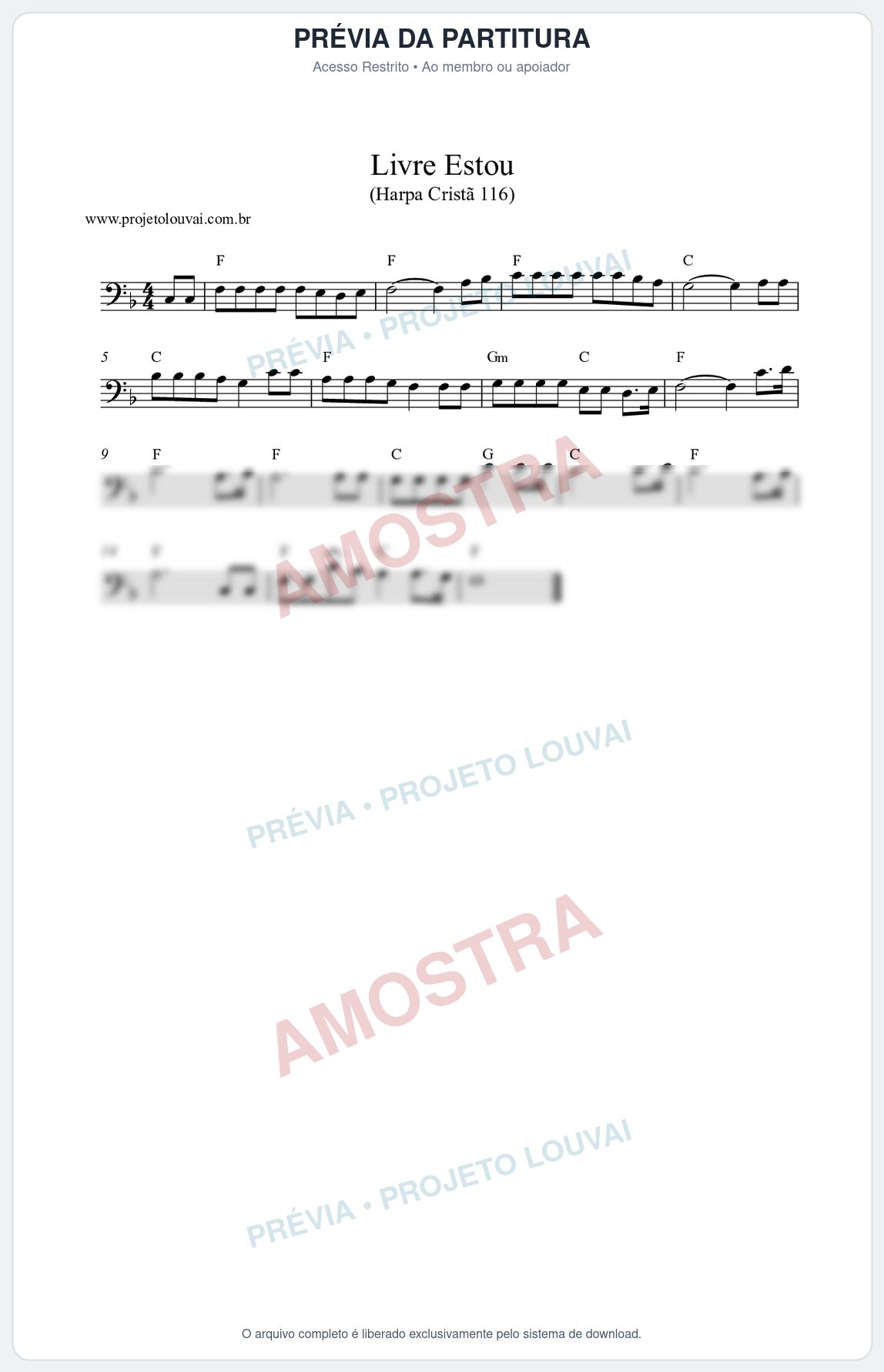 Prévia protegida da primeira página da partitura Partitura da música Livre Estou (Harpa Cristã nº116) - Harpa Cristã - Tom F