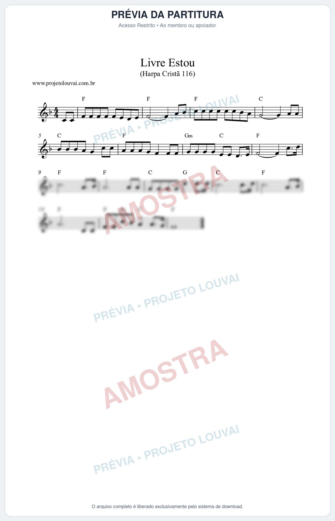 Prévia protegida da primeira página da partitura Partitura da música Livre Estou (Harpa Cristã nº116) - Harpa Cristã - Tom F