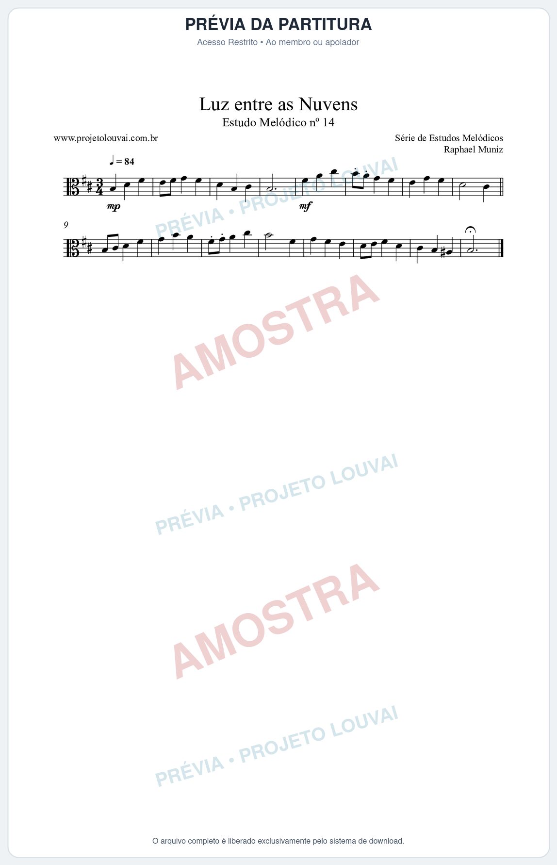 Prévia protegida da primeira página da partitura Partitura da música Luz entre as Nuvens (n°14) - Estudo Melódico - Tom Bm