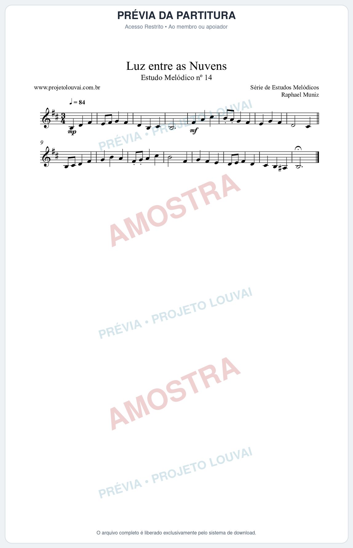 Prévia protegida da primeira página da partitura Partitura da música Luz entre as Nuvens (n°14) - Estudo Melódico - Tom Bm