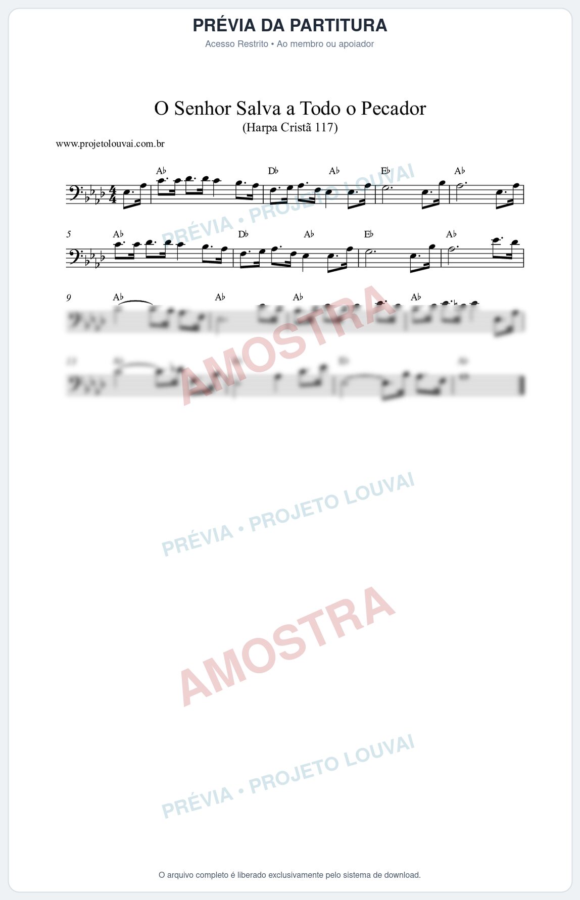 Prévia protegida da primeira página da partitura Partitura da música O Senhor Salva a Todo o Pecador (Harpa Cristã nº117) - Harpa Cristã - Tom Ab