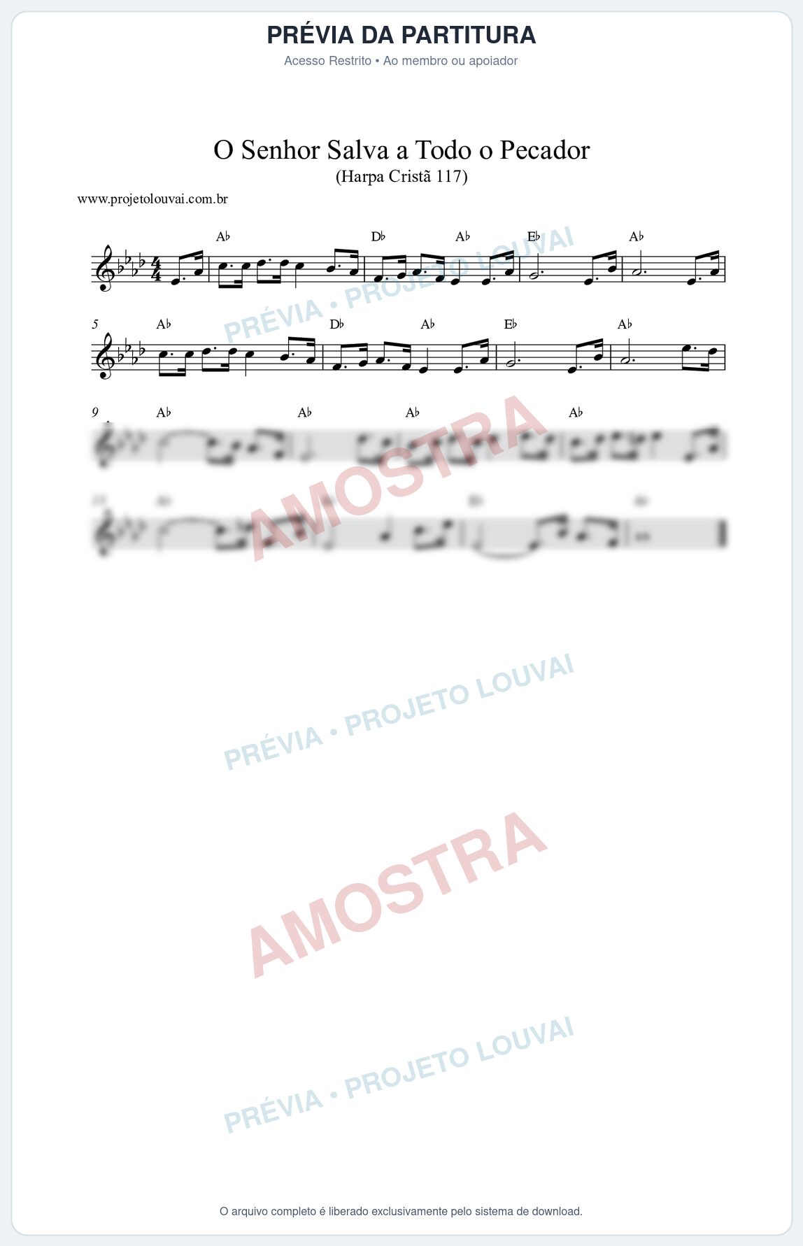 Prévia protegida da primeira página da partitura Partitura da música O Senhor Salva a Todo o Pecador (Harpa Cristã nº117) - Harpa Cristã - Tom Ab