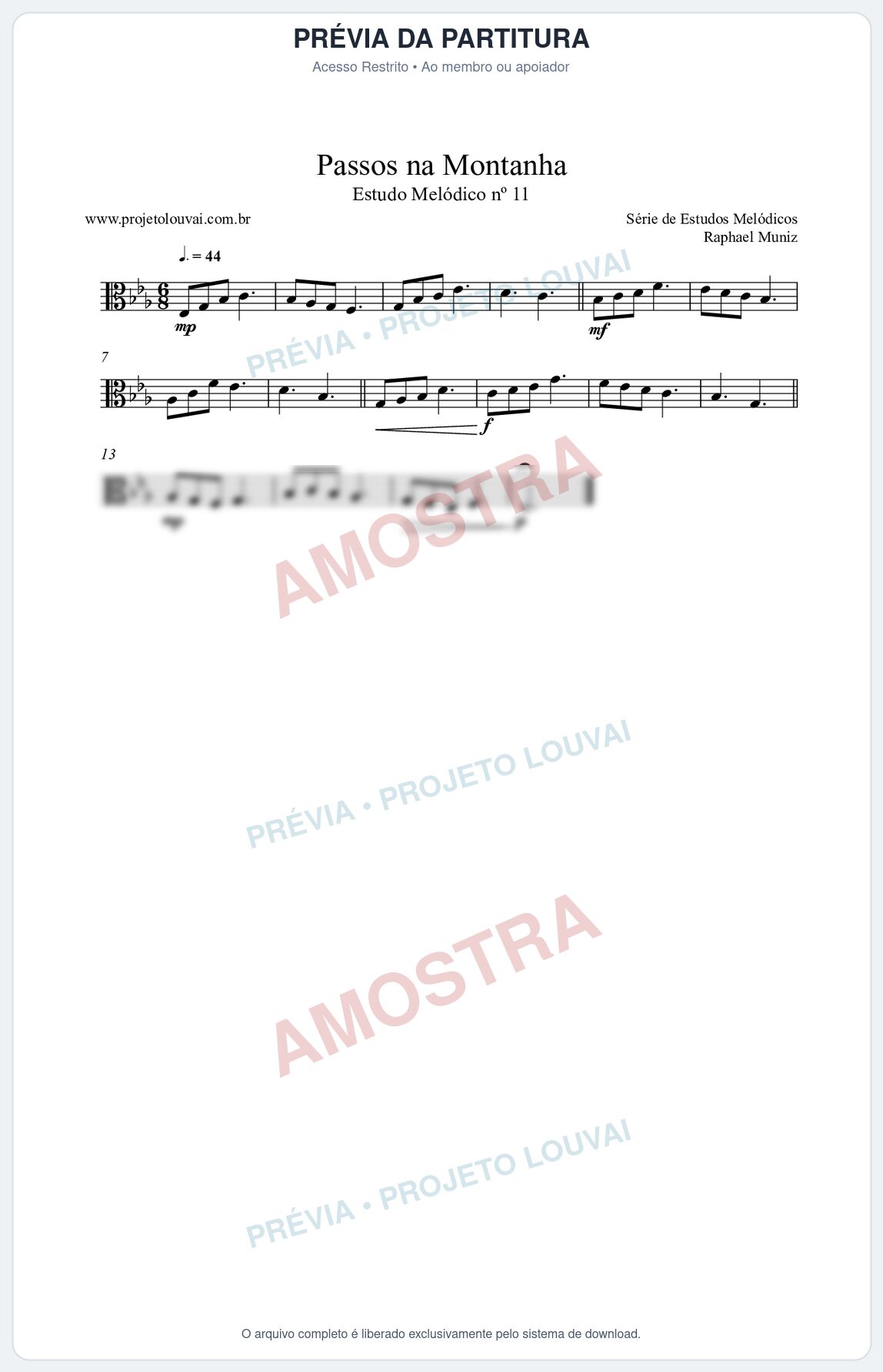 Prévia protegida da primeira página da partitura Partitura da música Passos na Montanha (n°11) - Estudo Melódico - Tom Eb