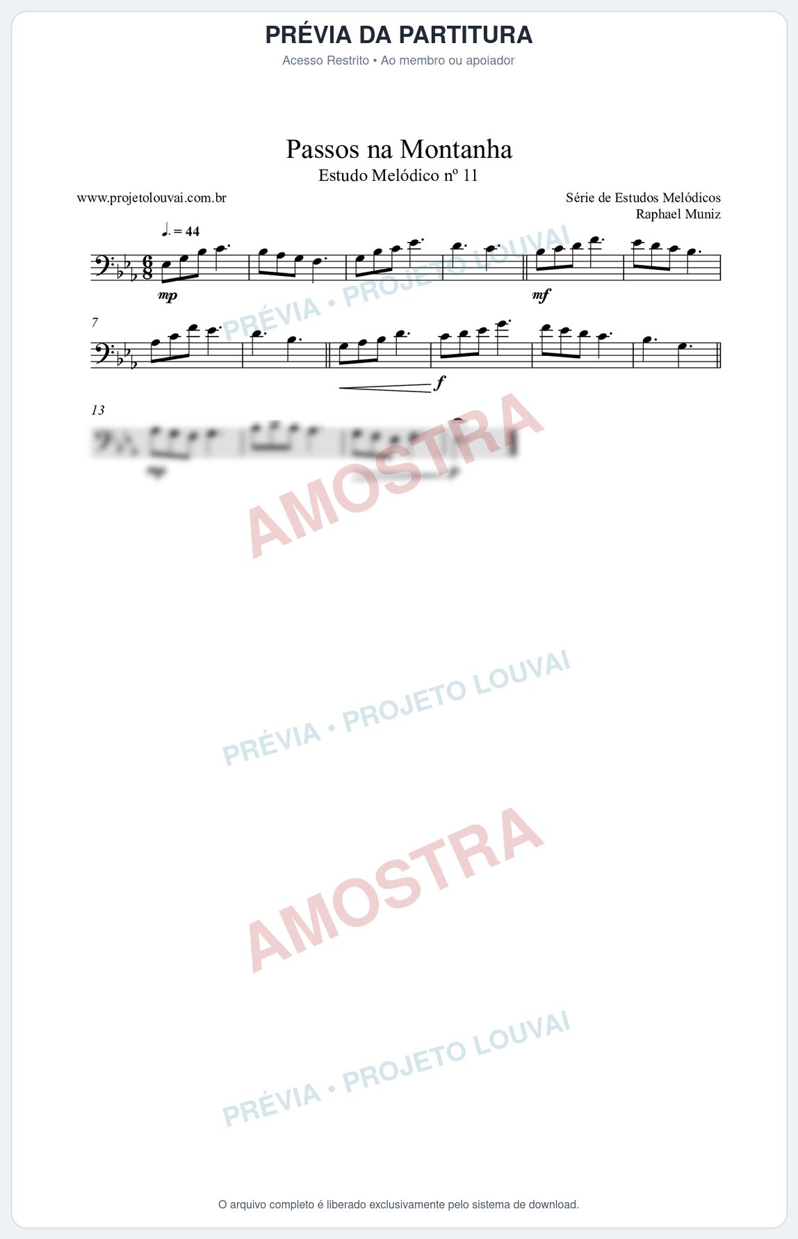 Prévia protegida da primeira página da partitura Partitura da música Passos na Montanha (n°11) - Estudo Melódico - Tom Eb