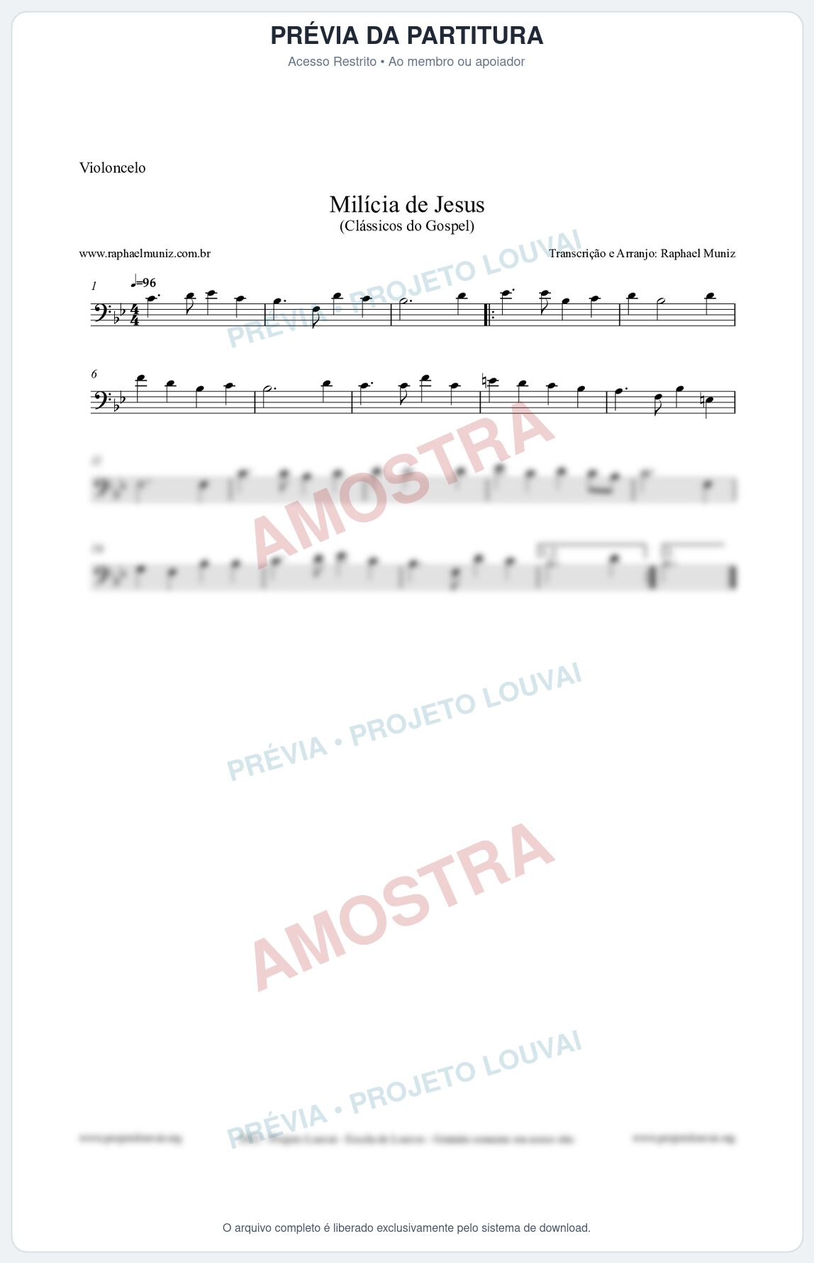 Prévia protegida da primeira página da partitura Partitura para Violoncelo - Milícia de Jesus - Harpa Cristã nº34 - Clássicos do Gospel