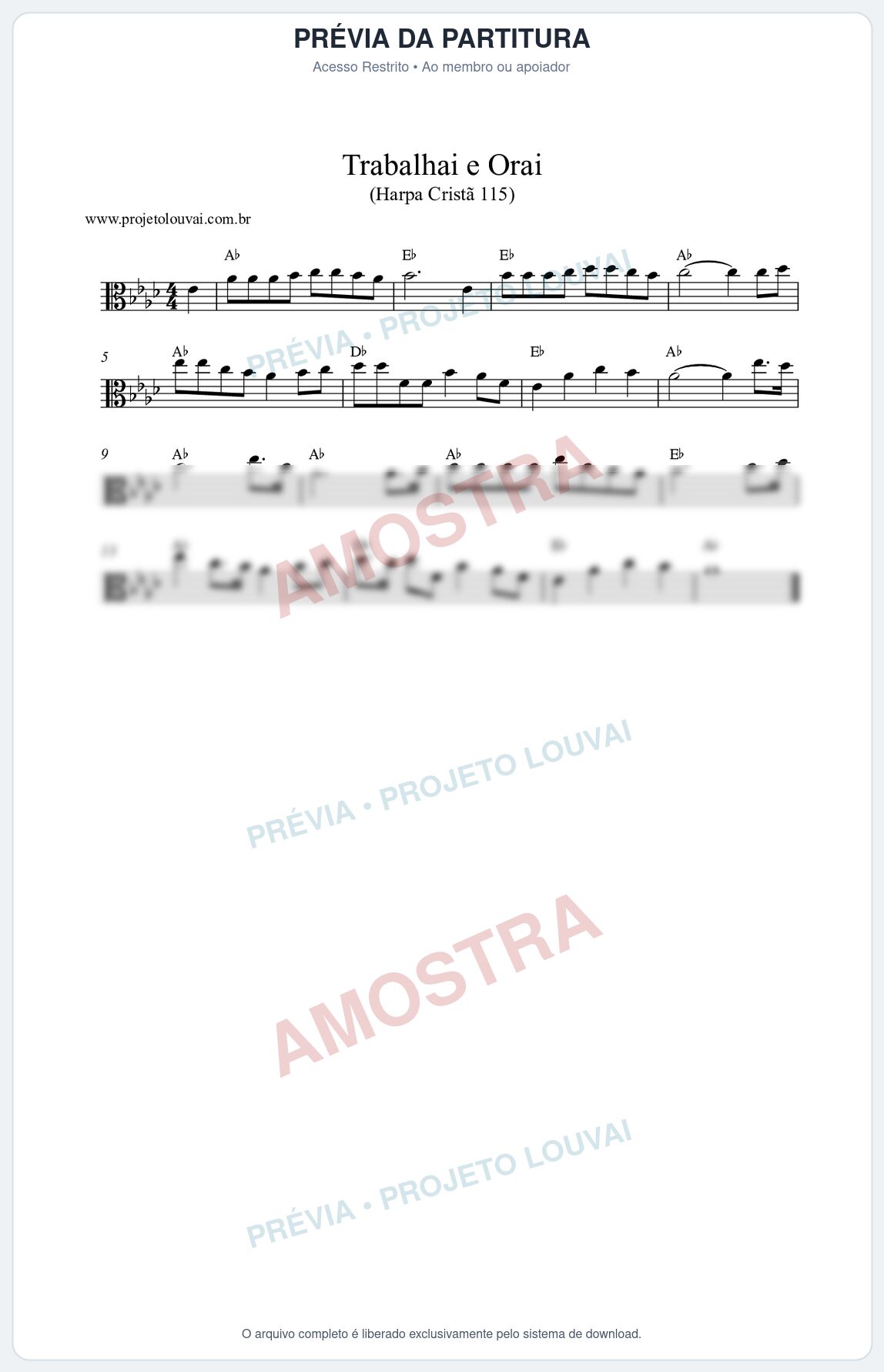 Prévia protegida da primeira página da partitura Partitura da música Trabalhai e Orai (Harpa Cristã nº115) - Harpa Cristã - Tom Ab