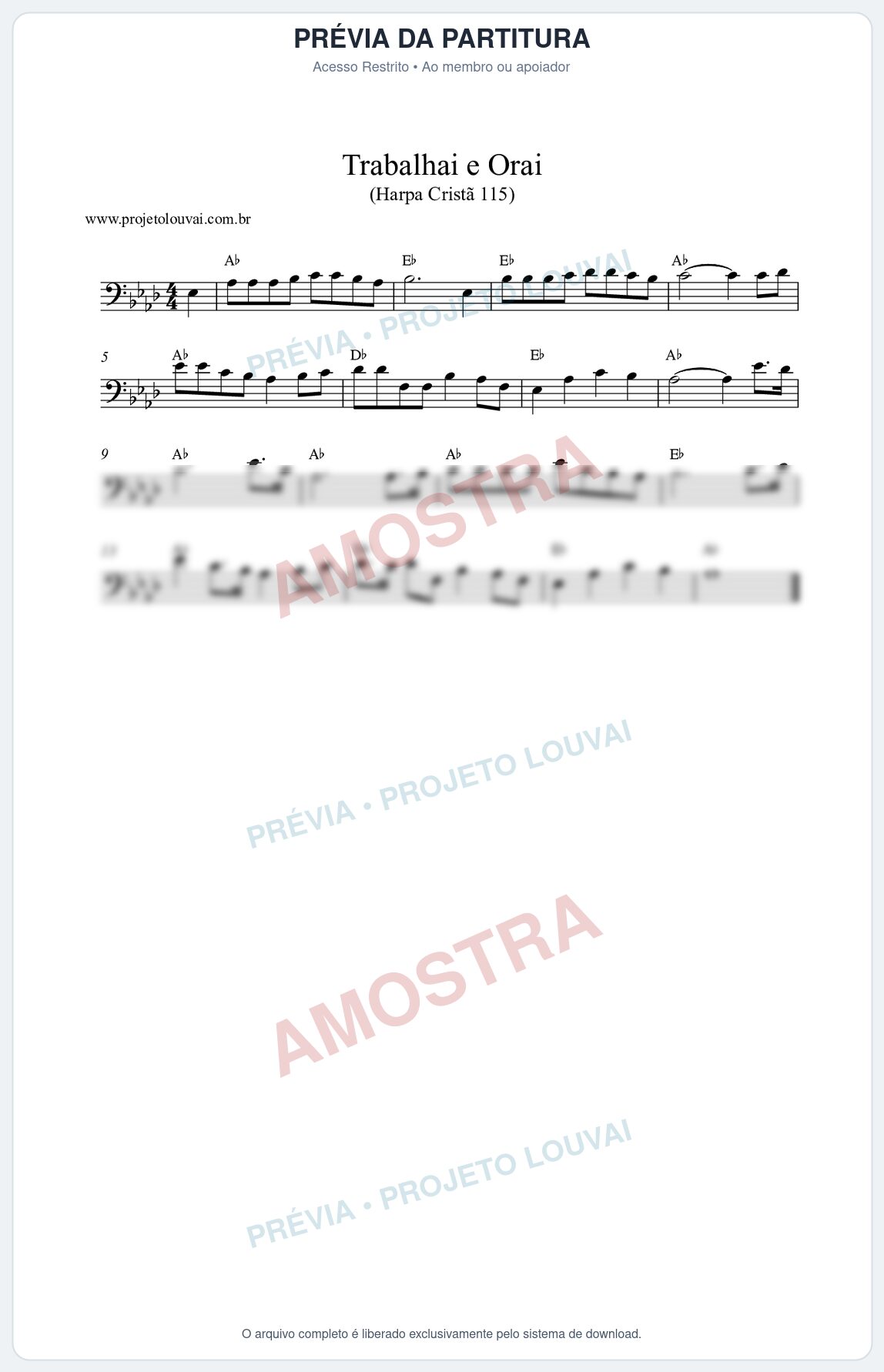 Prévia protegida da primeira página da partitura Partitura da música Trabalhai e Orai (Harpa Cristã nº115) - Harpa Cristã - Tom Ab