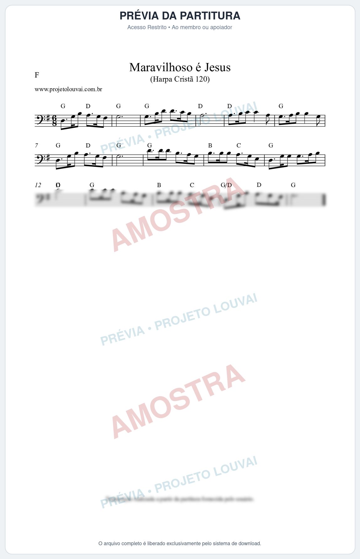 Prévia protegida da primeira página da partitura Partitura da música Maravilhoso é Jesus (Harpa Cristã nº121) - Harpa Cristã - Tom G