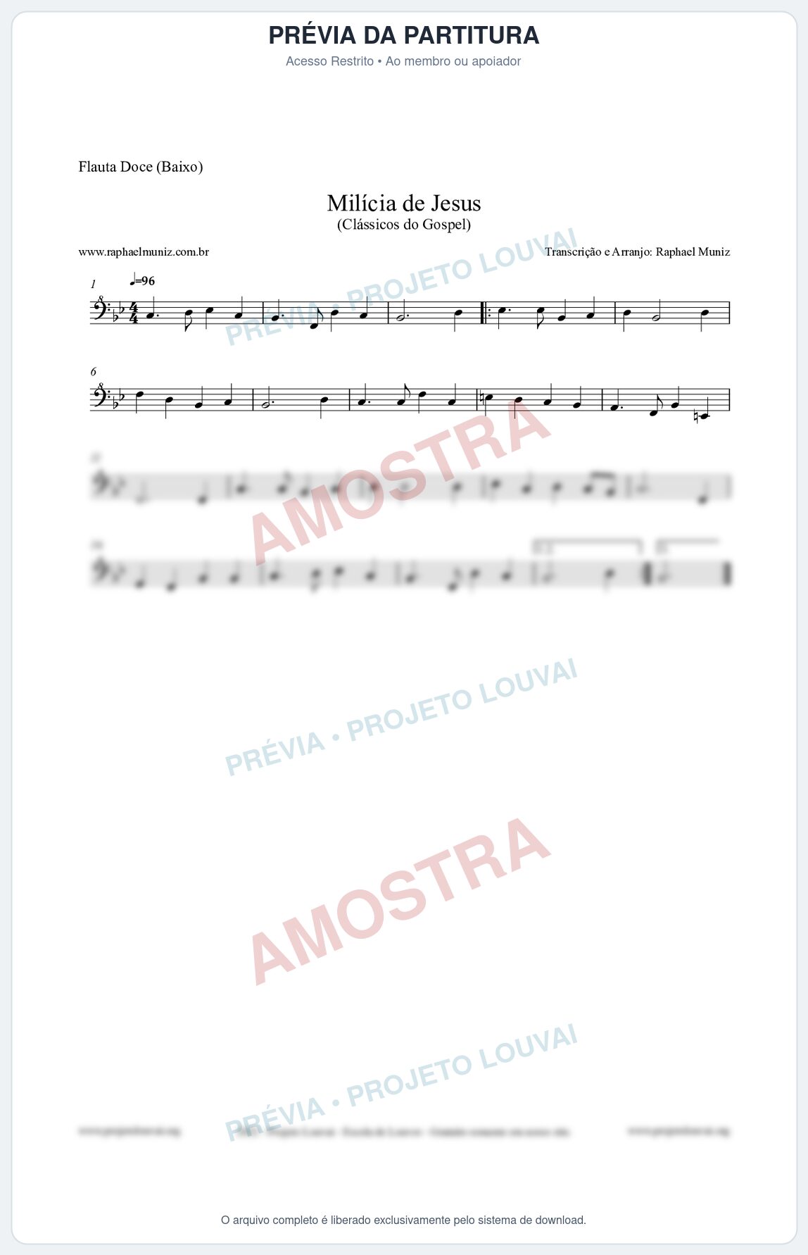 Prévia protegida da primeira página da partitura Partitura para Flauta Doce (Baixo) - Milícia de Jesus - Harpa Cristã nº34 - Clássicos do Gospel