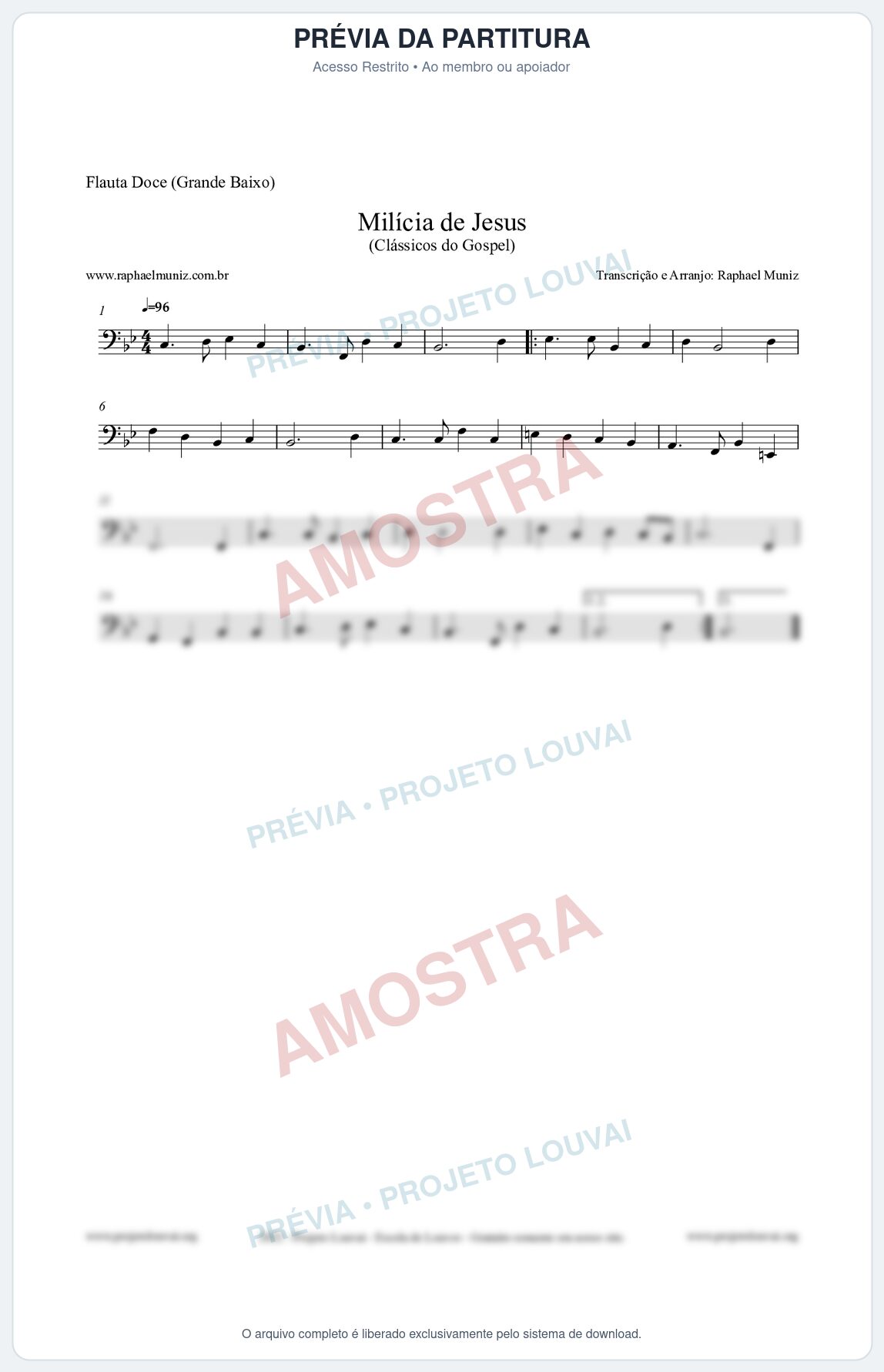 Prévia protegida da primeira página da partitura Partitura para Flauta Doce (Grande Baixo) - Milícia de Jesus - Harpa Cristã nº34 - Clássicos do Gospel