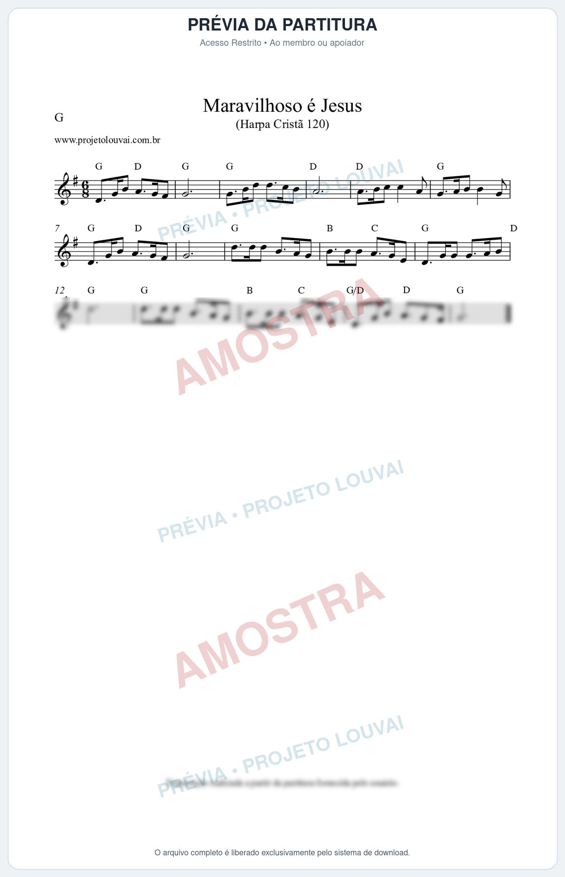 Prévia protegida da primeira página da partitura Partitura da música Maravilhoso é Jesus (Harpa Cristã nº121) - Harpa Cristã - Tom G