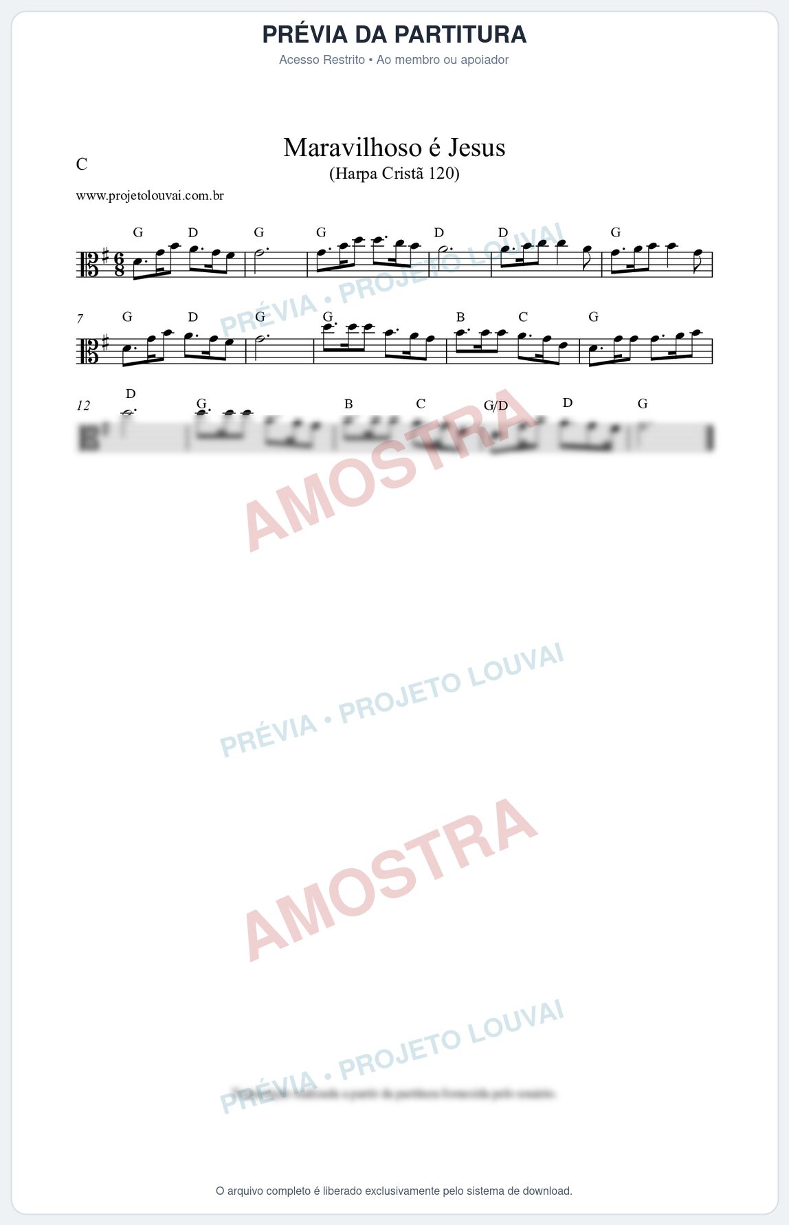 Prévia protegida da primeira página da partitura Partitura da música Maravilhoso é Jesus (Harpa Cristã nº121) - Harpa Cristã - Tom G